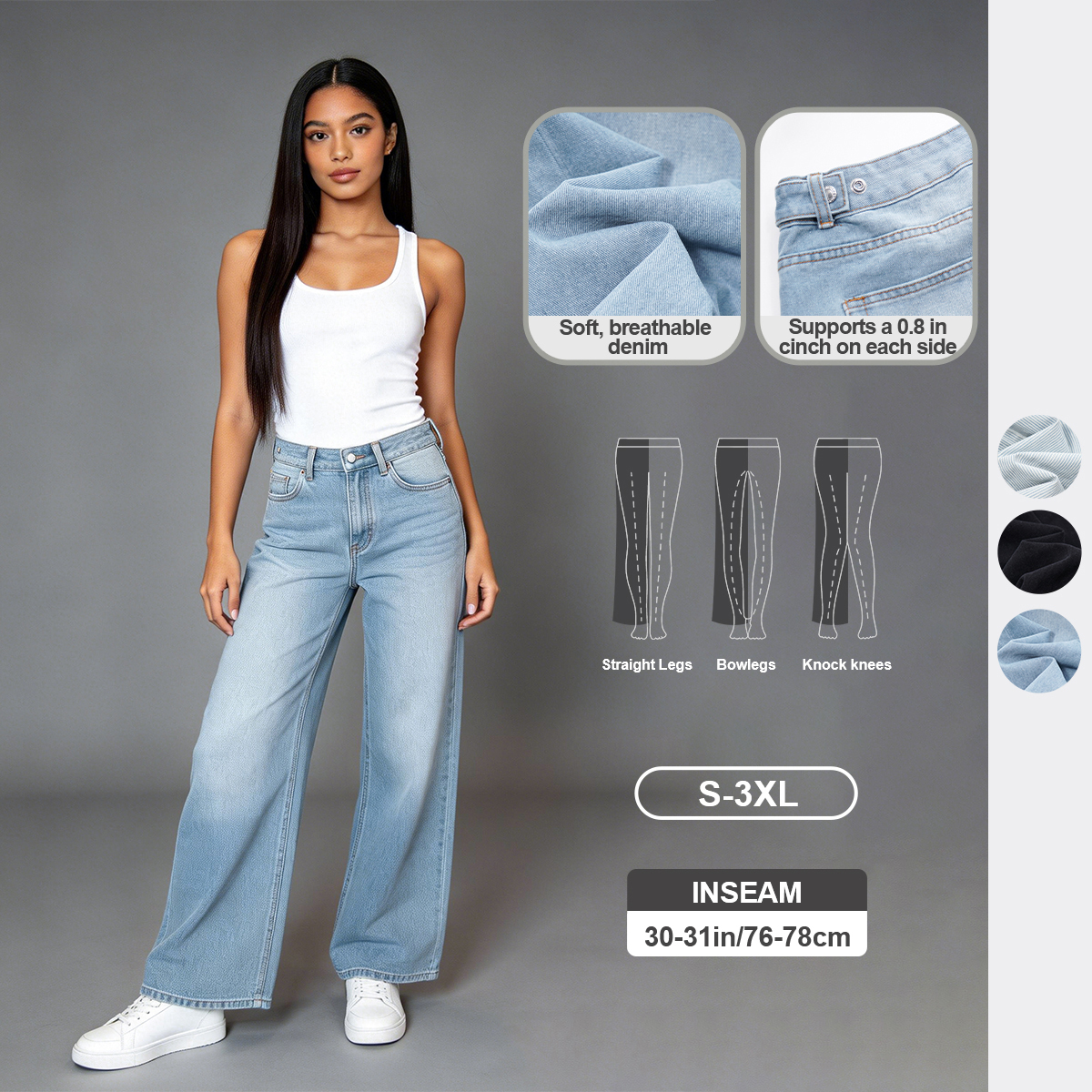 Pwest Adjustable Button Cinch Baggy Straight Leg Jeans