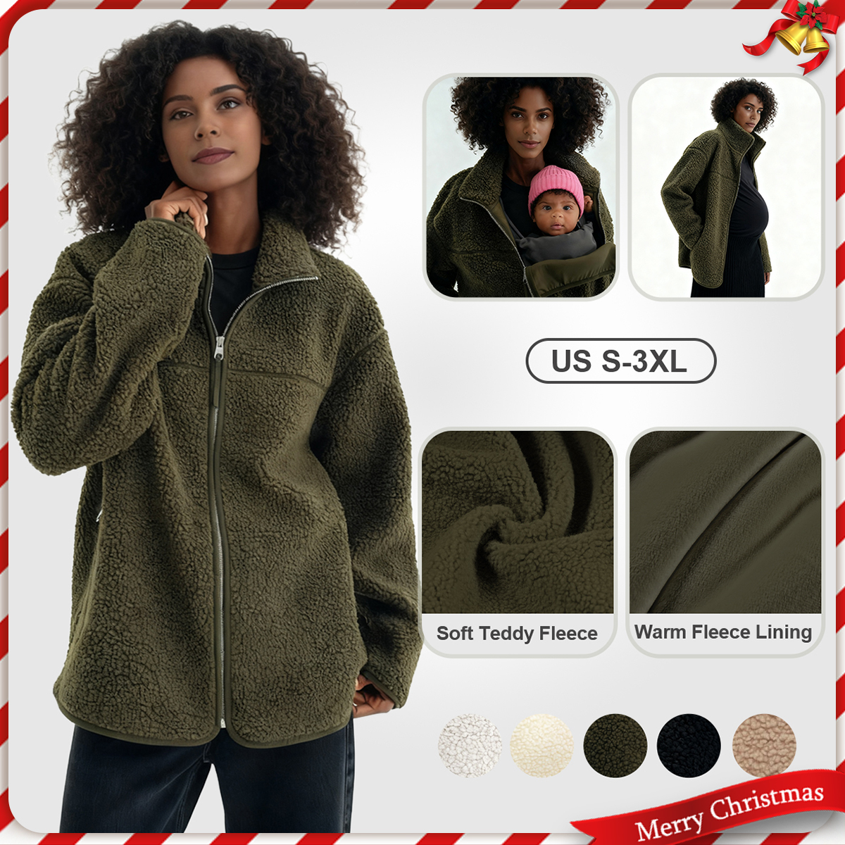 Pwest MAMA Women Before & After Babywearing Fleece Jacket Soft Teddy Fleece, Long-sleeve Zippered Jacket with Pocket, Detachable Babywearing Panel, Winter Warmth, 2 in 1 Design-Dark Green-BlackFriday
