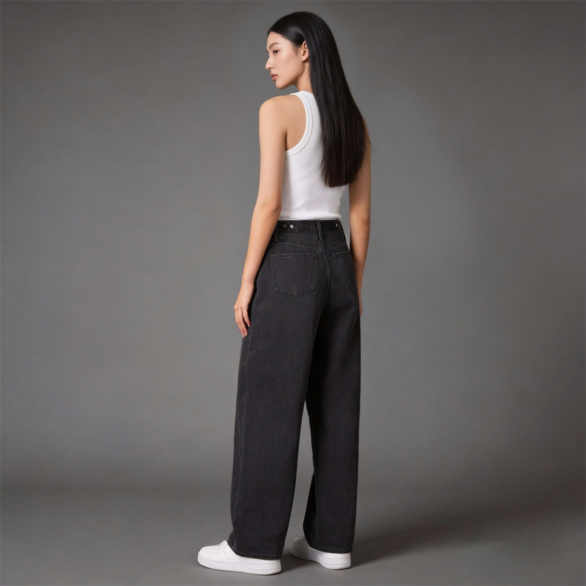 Pwest Adjustable Button Cinch Baggy Straight Leg Jeans