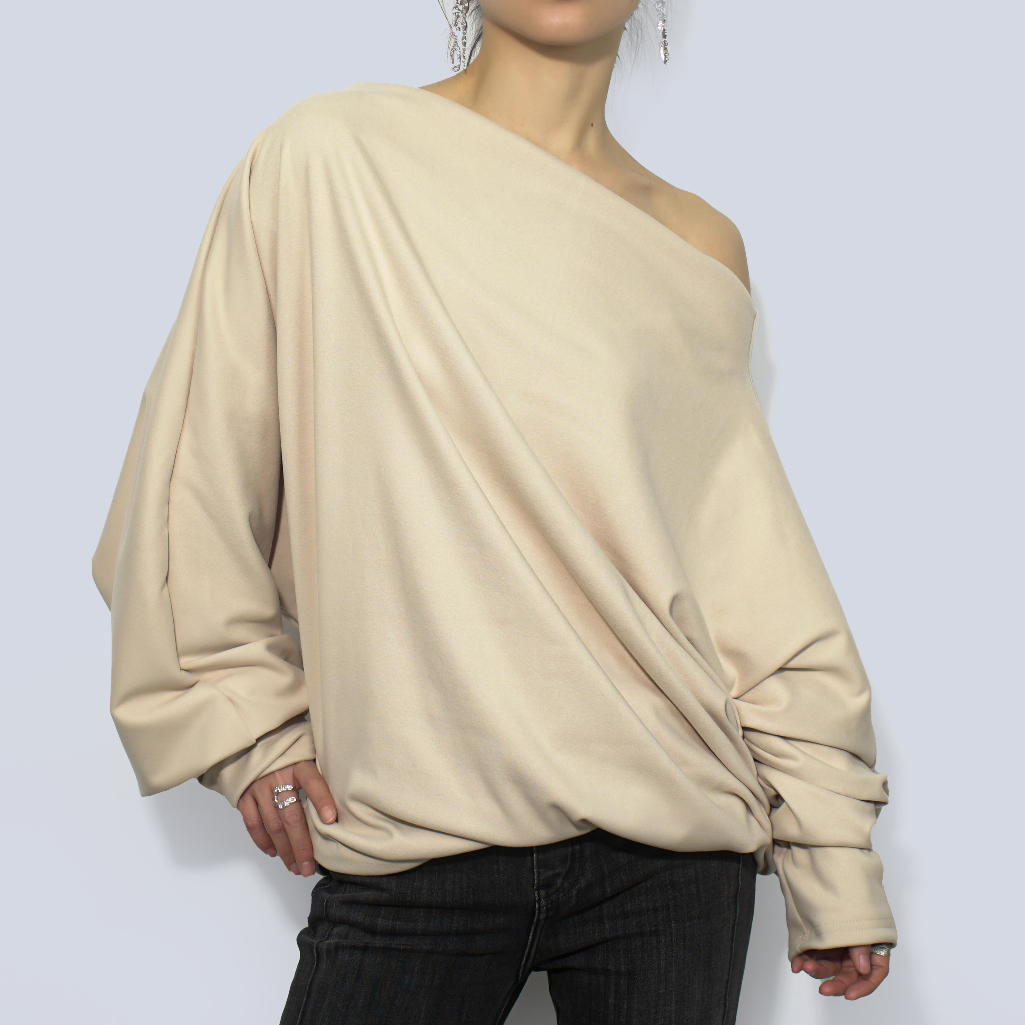 Pwest Stretch Multi-Wear Long Sleeve Asymmetric Draped Jumper