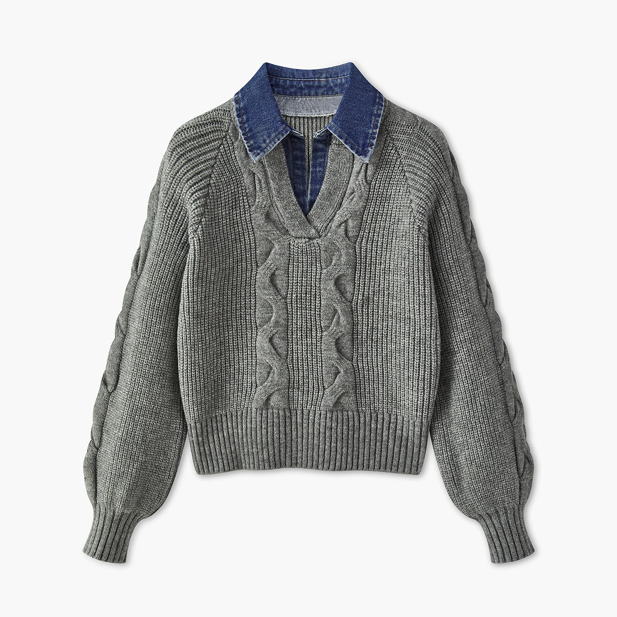 Denim Panel Ribbed Lapel Sweater (Buy 2 Free Shipping)