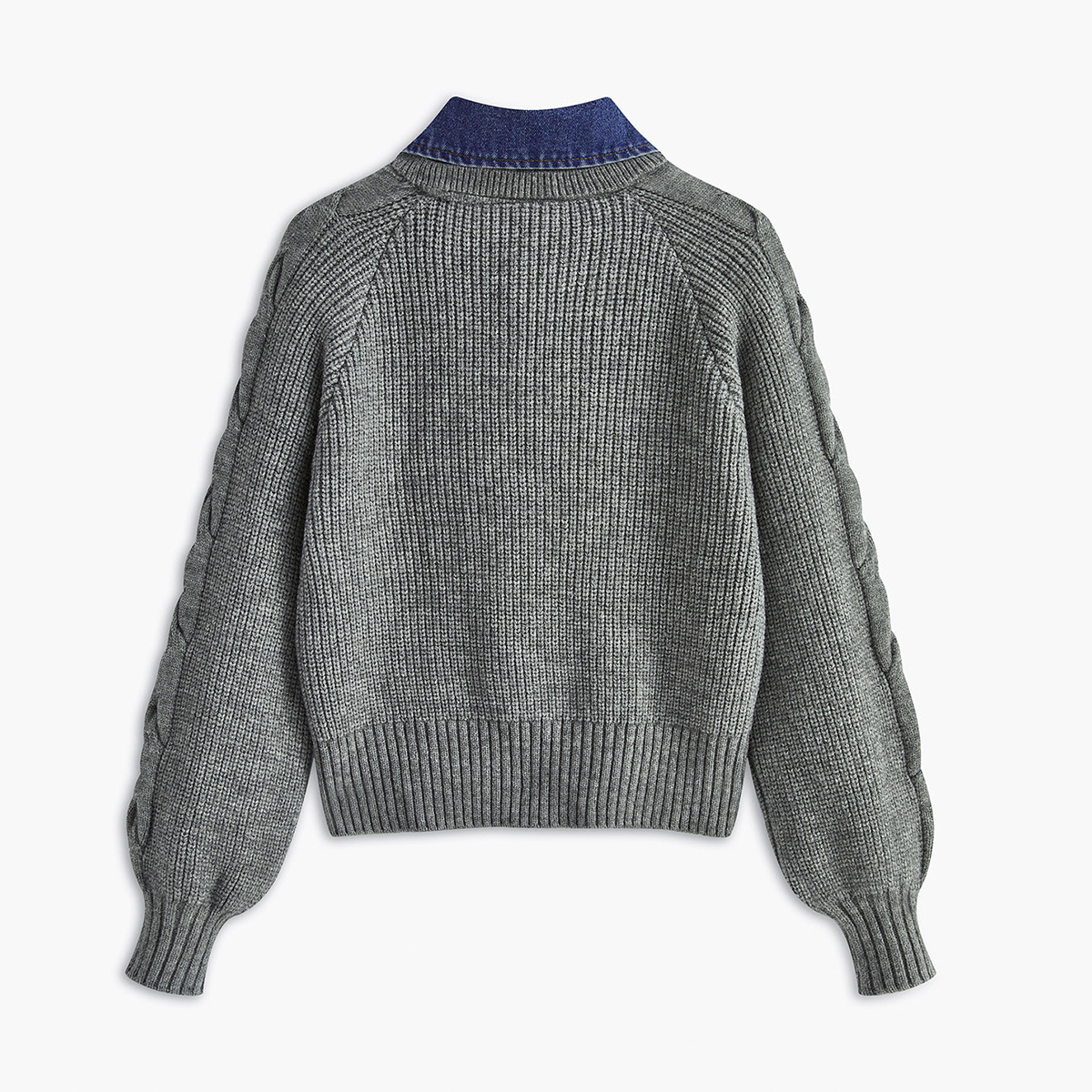 Denim Panel Ribbed Lapel Sweater (Buy 2 Free Shipping)