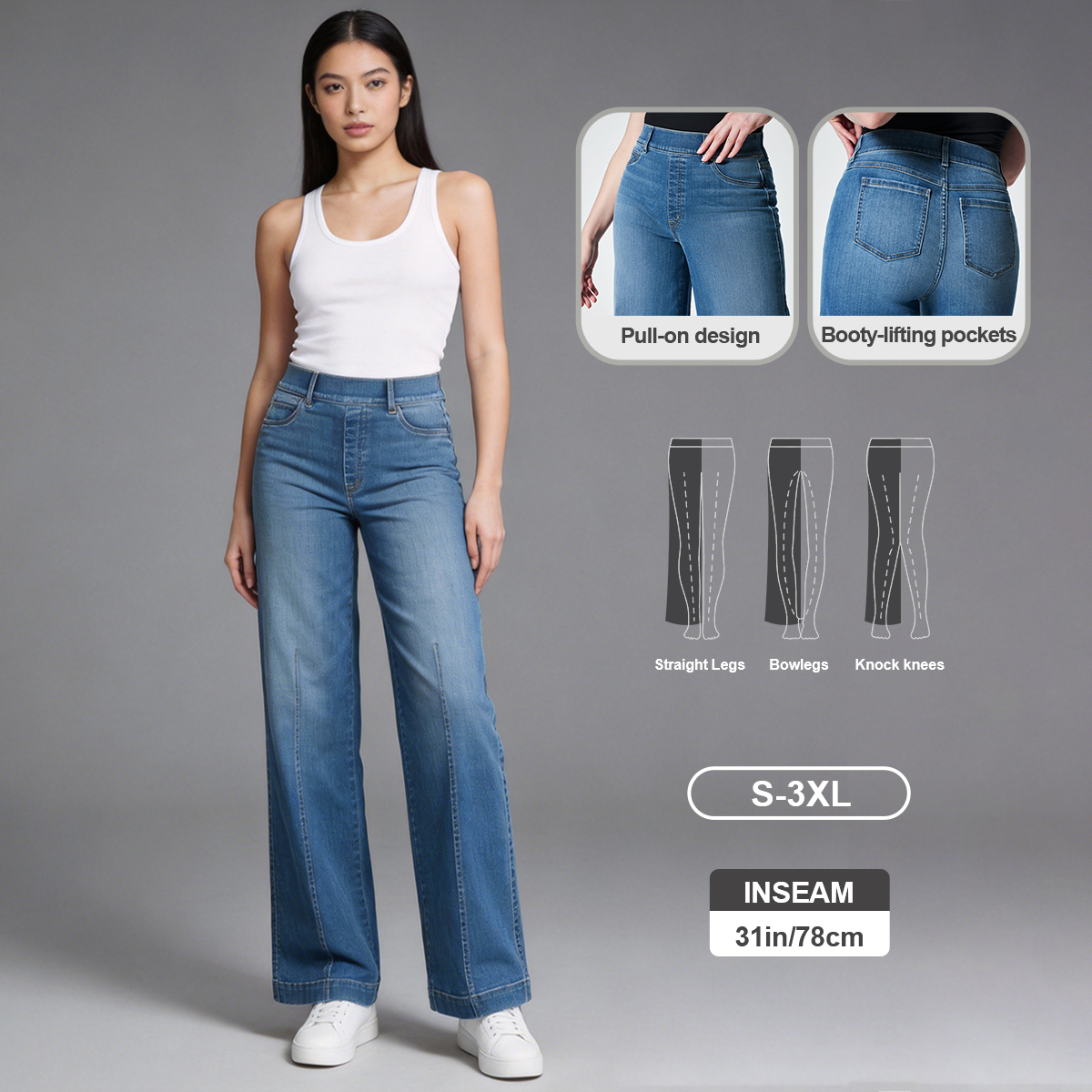 Pwest Seamed Front Pull-On Wide Leg Jeans