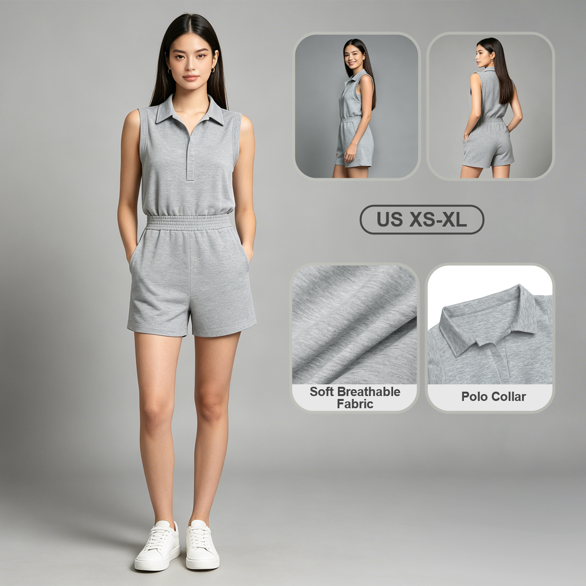 Pwest Women's Stretch Sleeveless Short Pocket KNIT Polo Romper