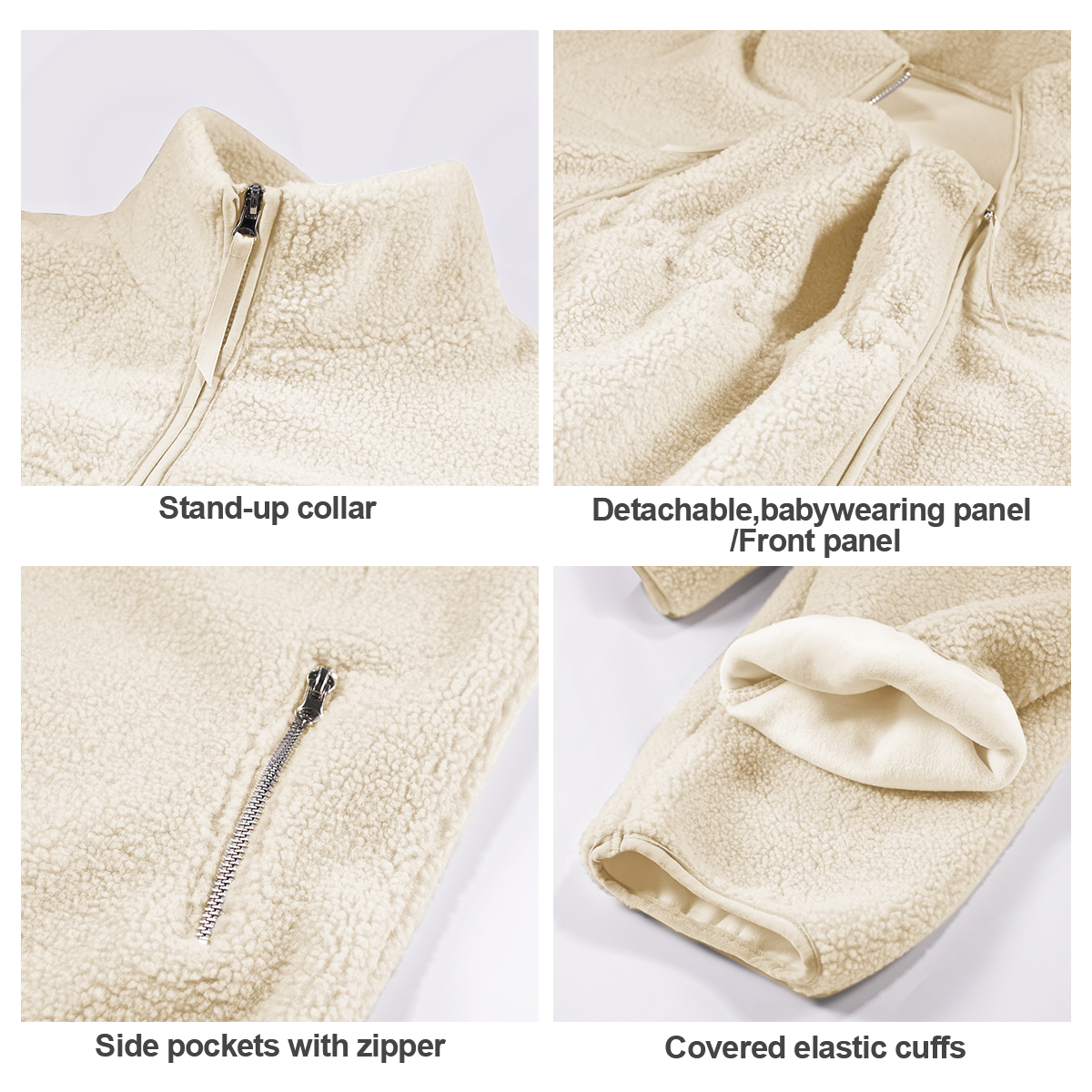 Pwest MAMA Women Before & After Babywearing Fleece Jacket Soft Teddy Fleece, Long-sleeve Zippered Jacket with Pocket, Detachable Babywearing Panel, Winter Warmth, 2 in 1 Design-Cream-BlackFriday