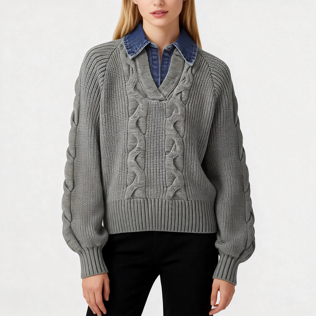 Denim Panel Ribbed Lapel Sweater (Buy 2 Free Shipping)