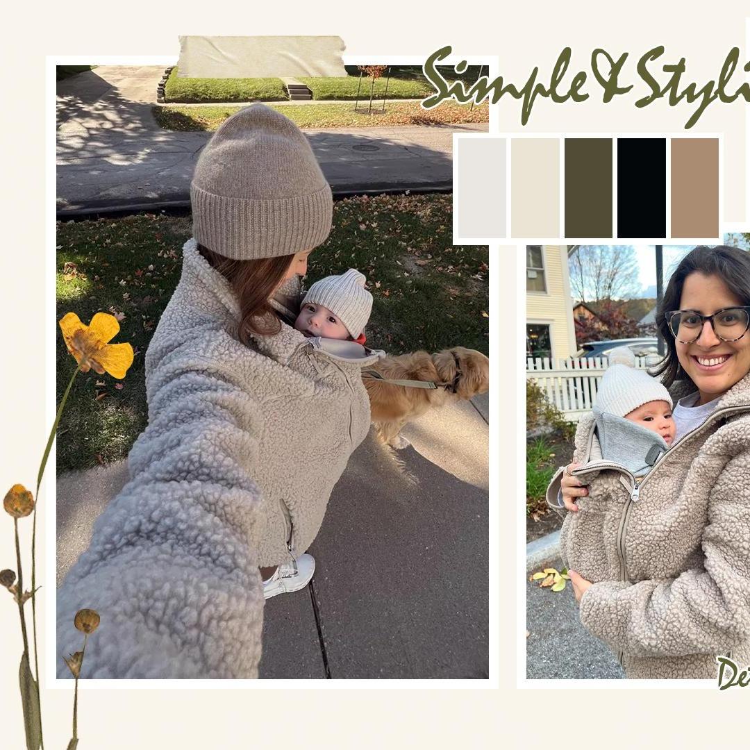 Pwest MAMA Women Before & After Babywearing Fleece Jacket Soft Teddy Fleece, Long-sleeve Zippered Jacket with Pocket, Detachable Babywearing Panel, Winter Warmth, 2 in 1 Design-Cream-BlackFriday