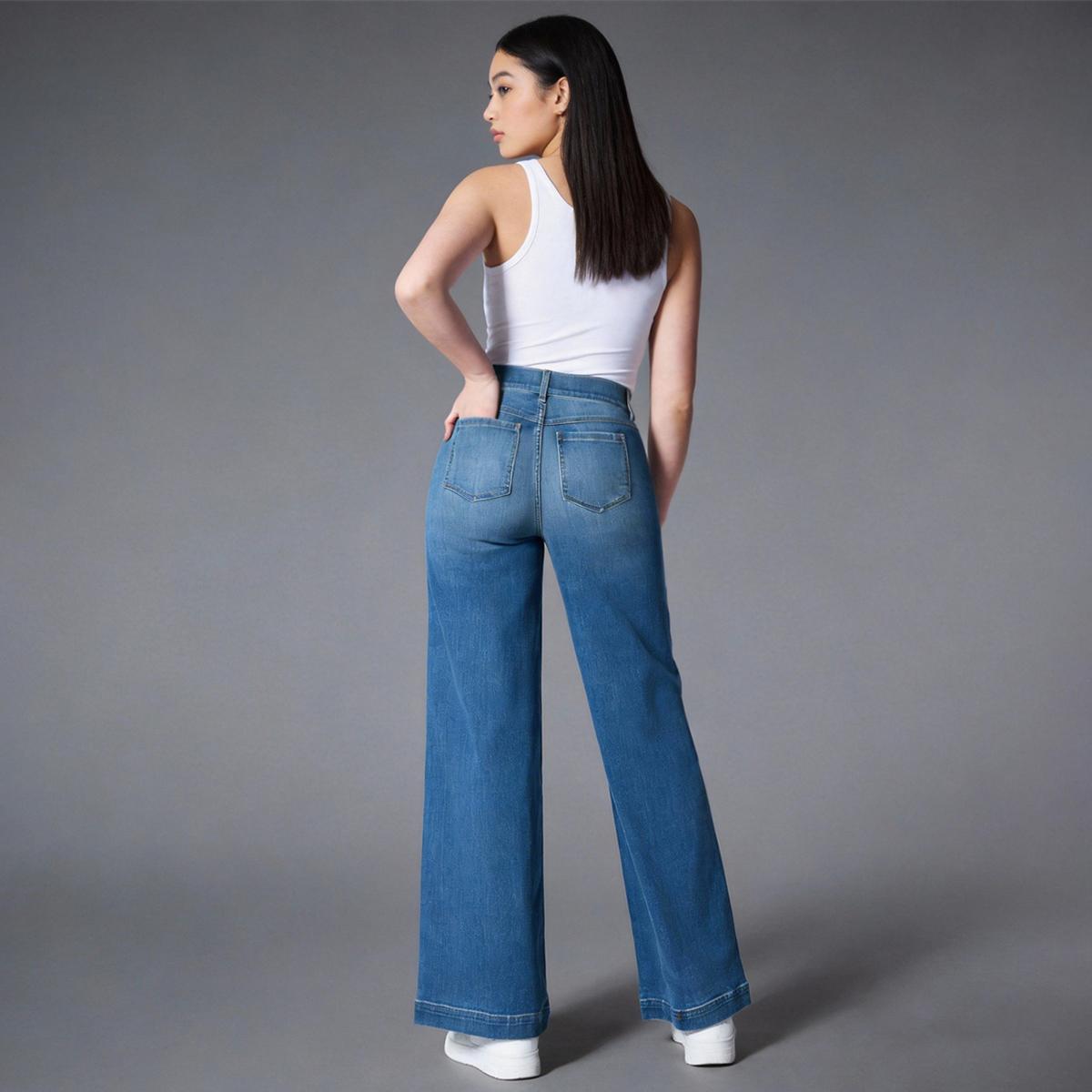 Pwest Seamed Front Pull-On Wide Leg Jeans