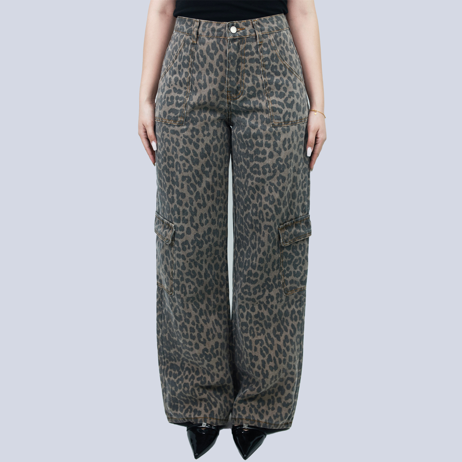 Pwest Women's High Rise Leopard Denim Wide Leg Cargo Jeans