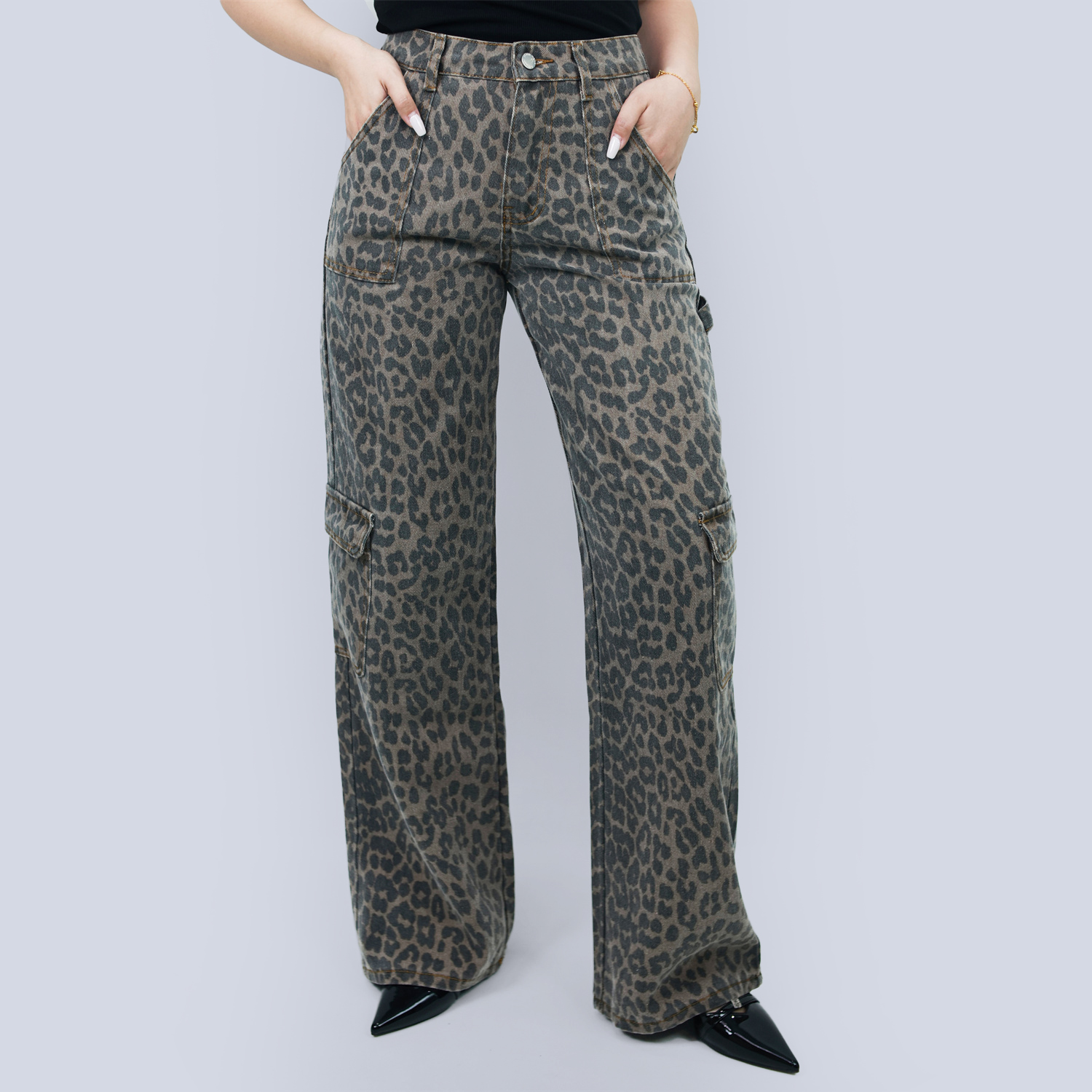 Pwest Women's High Rise Leopard Denim Wide Leg Cargo Jeans