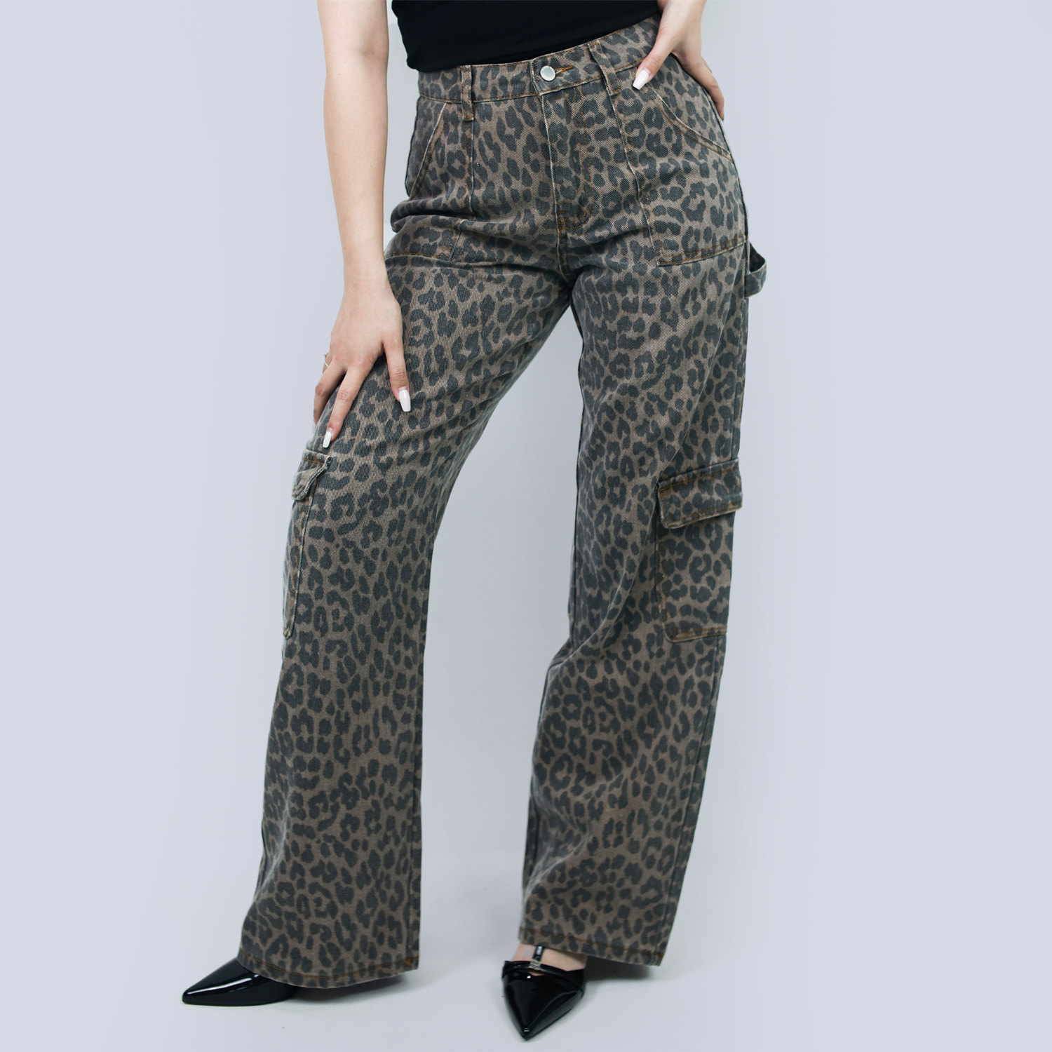 Pwest Women's High Rise Leopard Denim Wide Leg Cargo Jeans