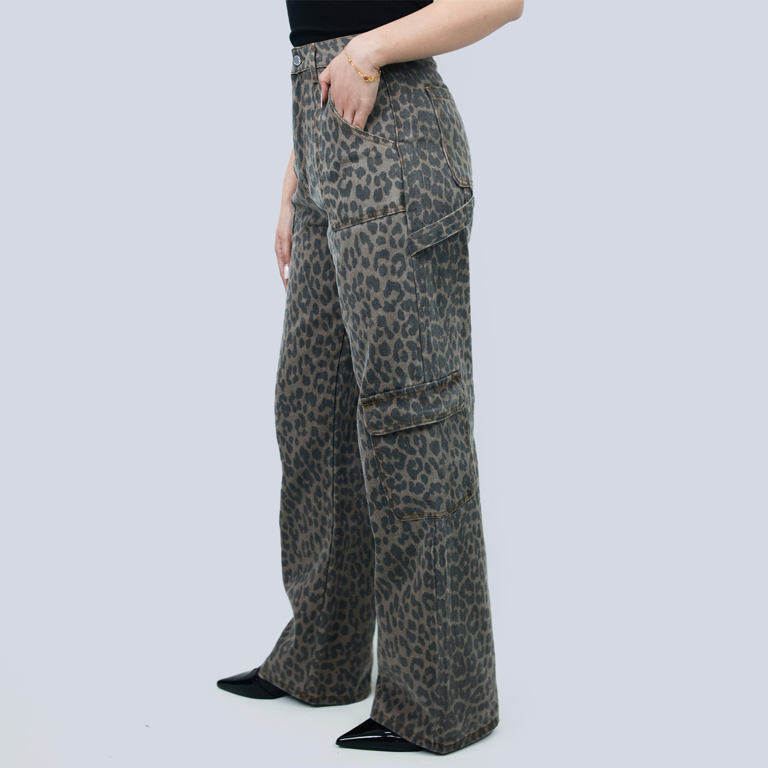 Pwest Women's High Rise Leopard Denim Wide Leg Cargo Jeans
