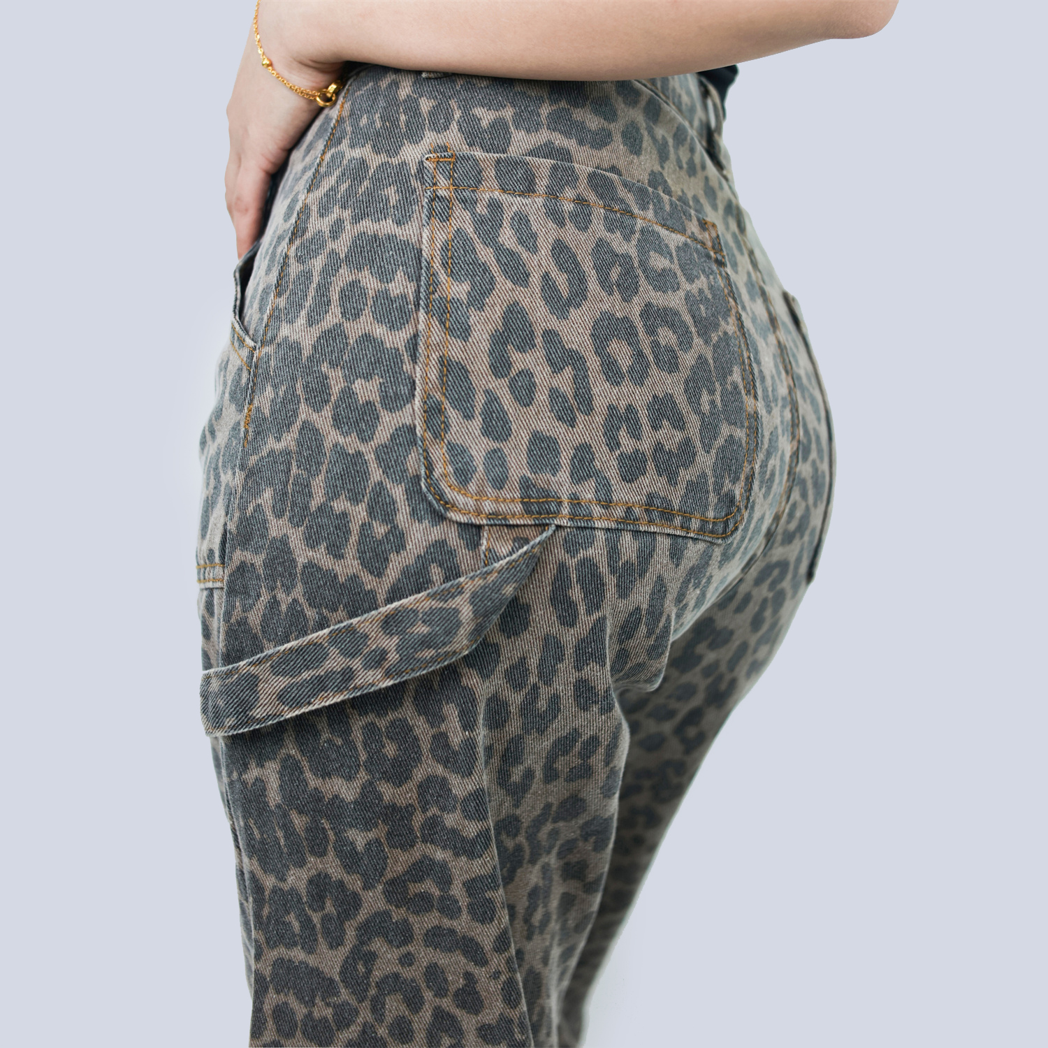 Pwest Women's High Rise Leopard Denim Wide Leg Cargo Jeans