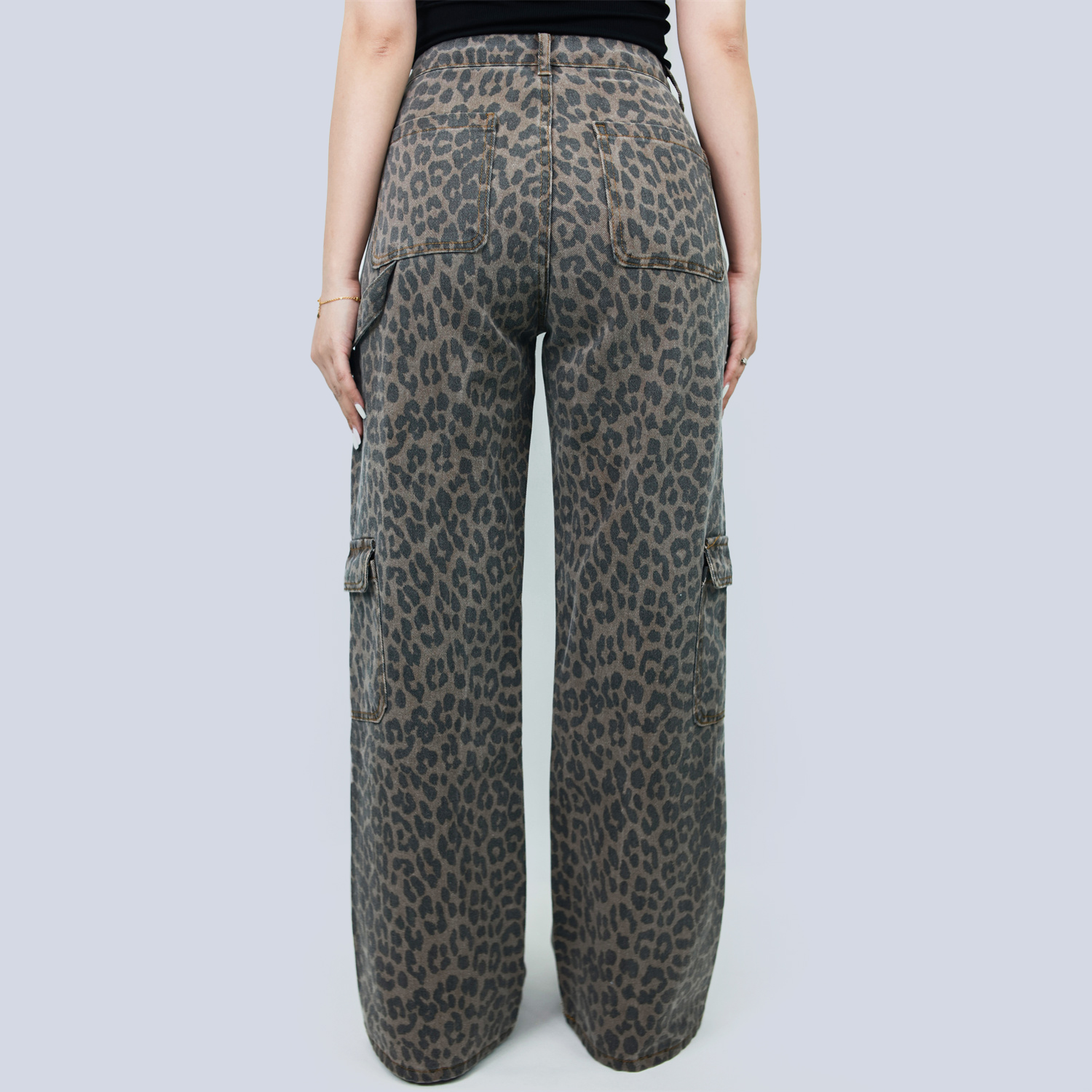 Pwest Women's High Rise Leopard Denim Wide Leg Cargo Jeans