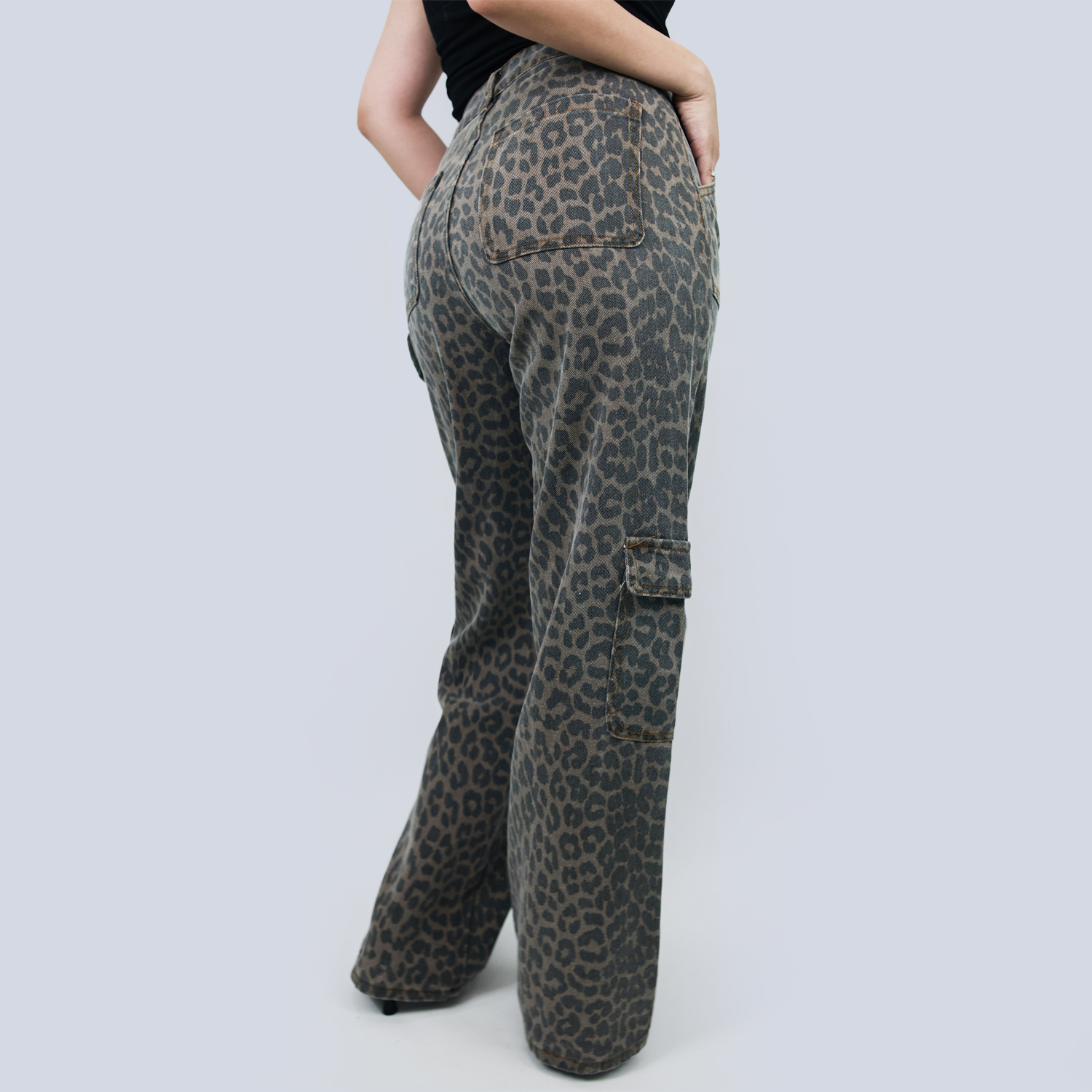Pwest Women's High Rise Leopard Denim Wide Leg Cargo Jeans