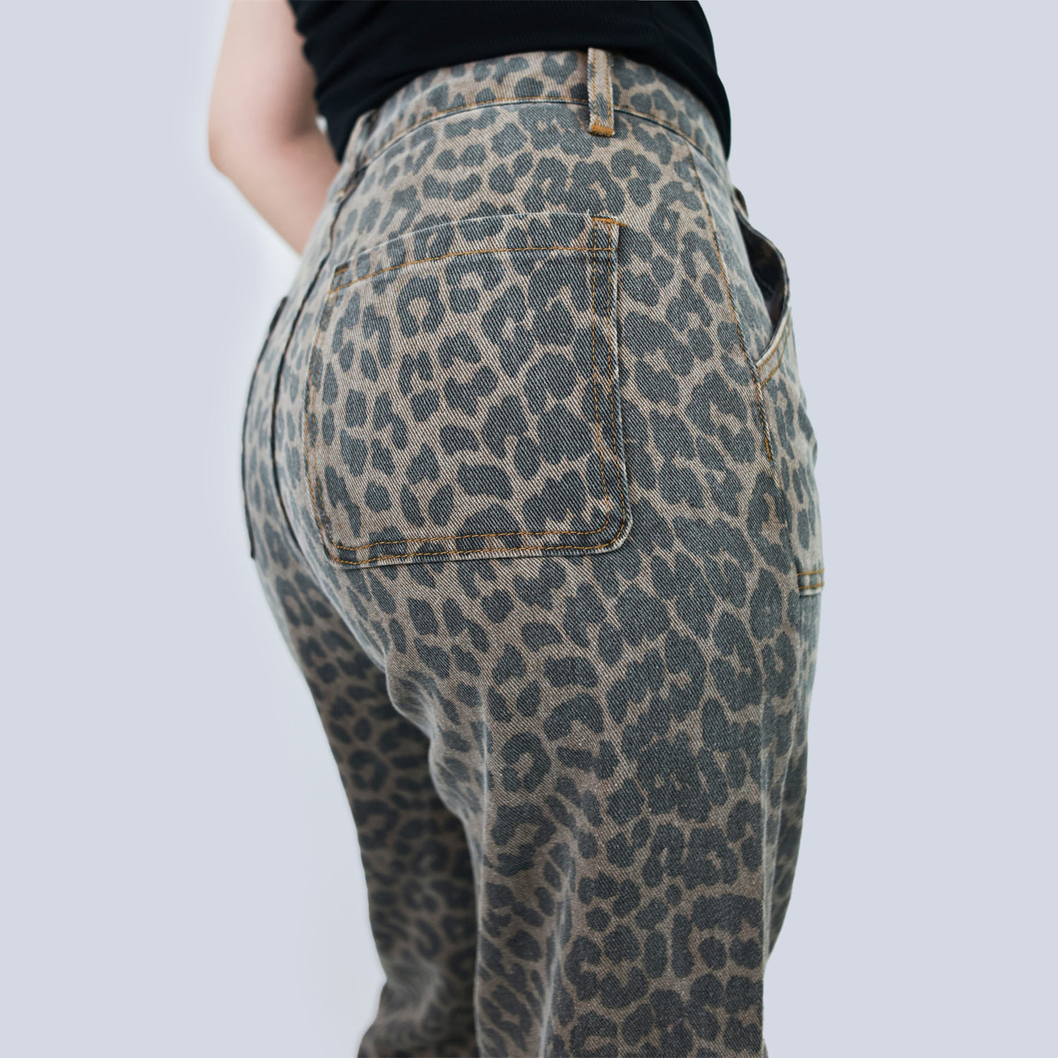 Pwest Women's High Rise Leopard Denim Wide Leg Cargo Jeans