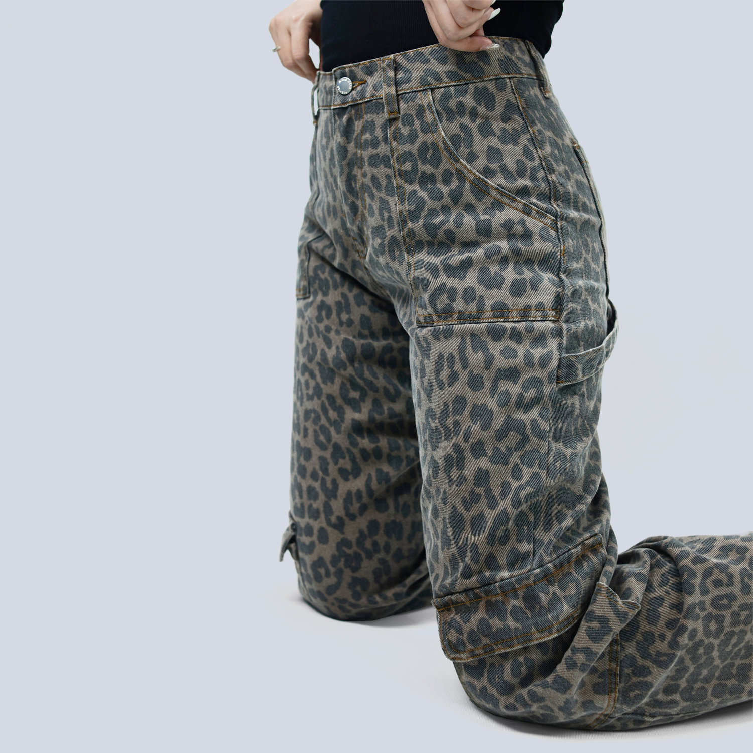 Pwest Women's High Rise Leopard Denim Wide Leg Cargo Jeans