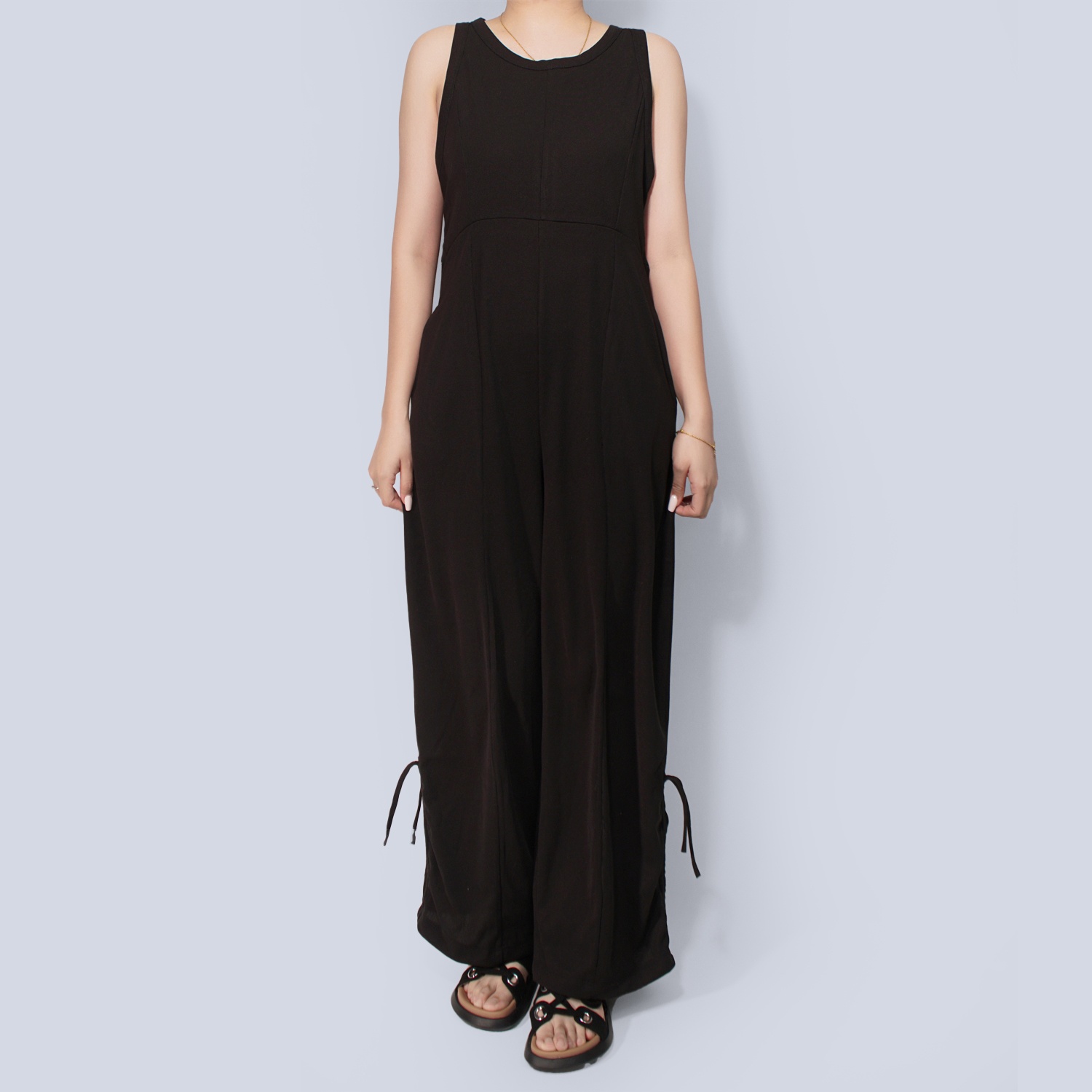 Pwest Women's Stretchy Elastane trim Back zip Lace-up Wide Leg Jumpsuit