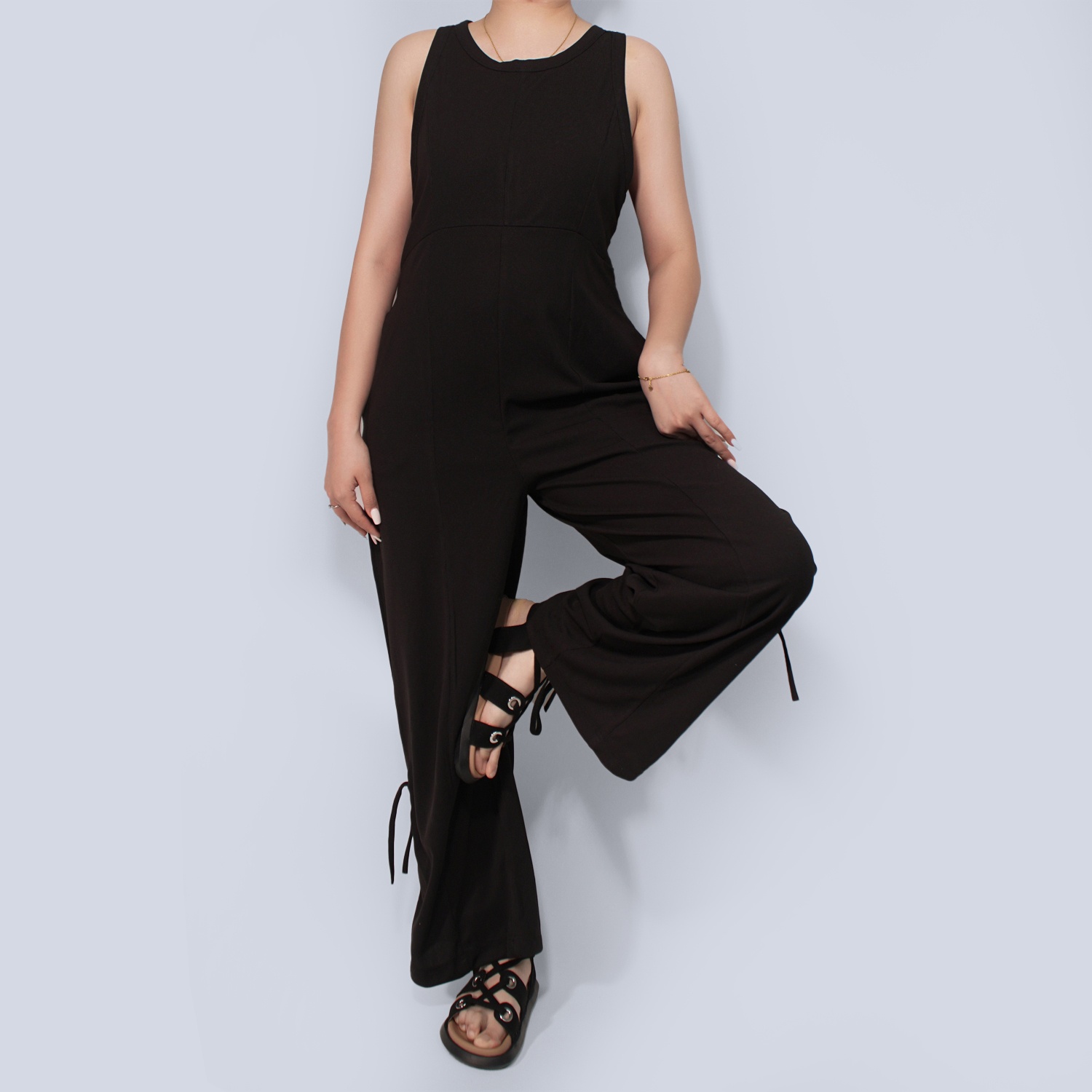 Pwest Women's Stretchy Elastane trim Back zip Lace-up Wide Leg Jumpsuit