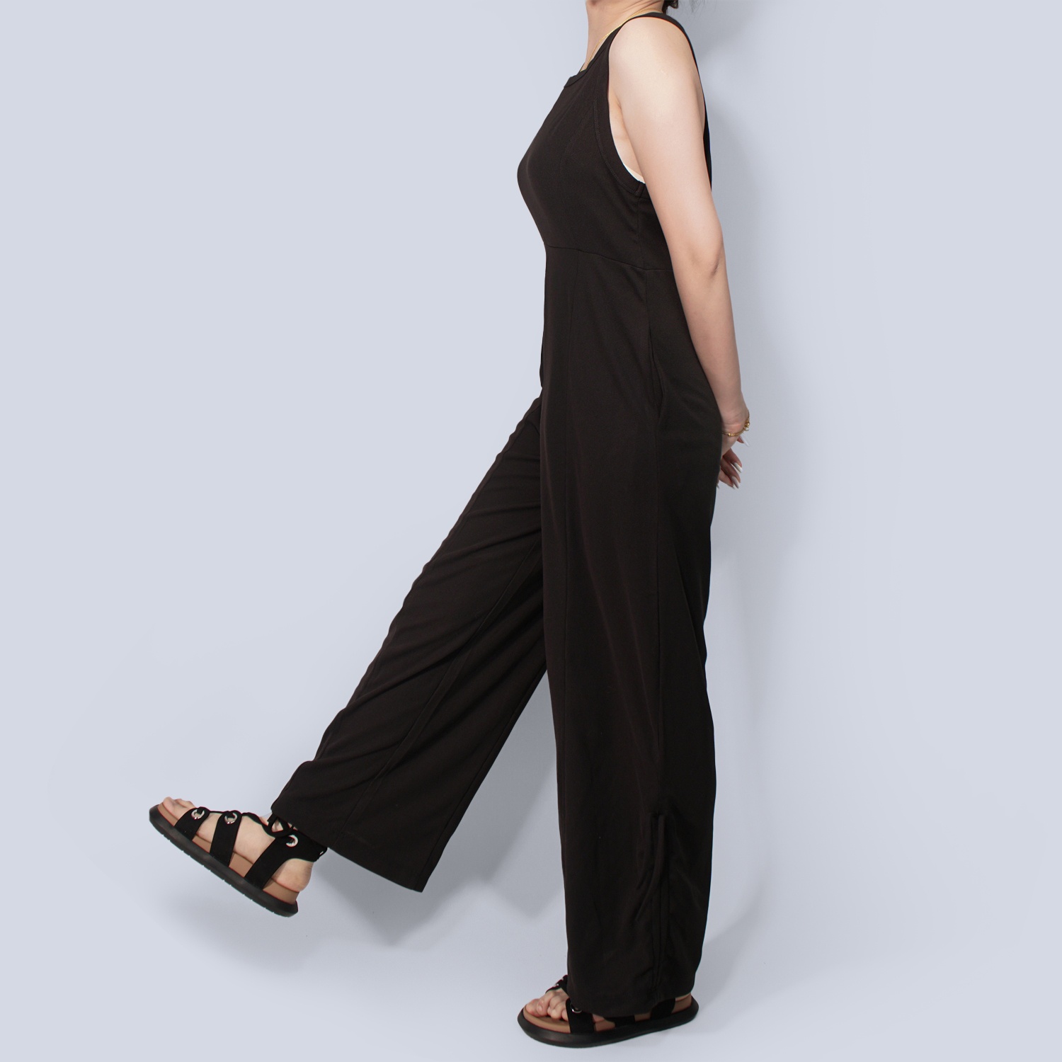 Pwest Women's Stretchy Elastane trim Back zip Lace-up Wide Leg Jumpsuit