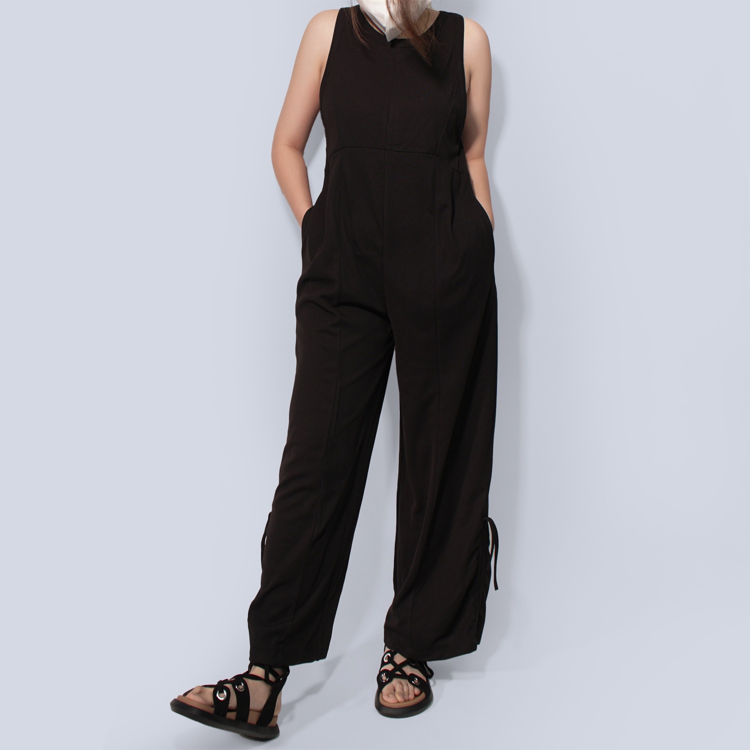 Pwest Women's Stretchy Elastane trim Back zip Lace-up Wide Leg Jumpsuit