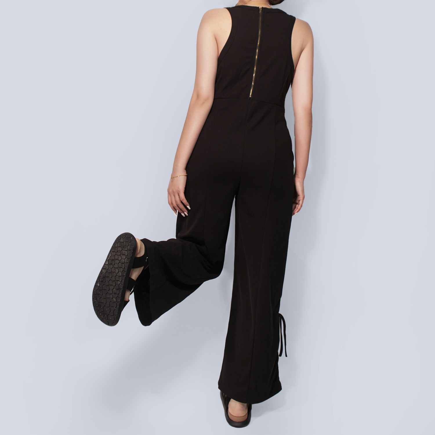Pwest Women's Stretchy Elastane trim Back zip Lace-up Wide Leg Jumpsuit