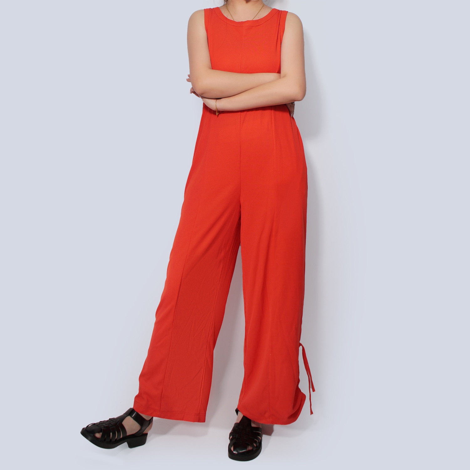 Pwest Women's Stretchy Elastane trim Back zip Lace-up Wide Leg Jumpsuit