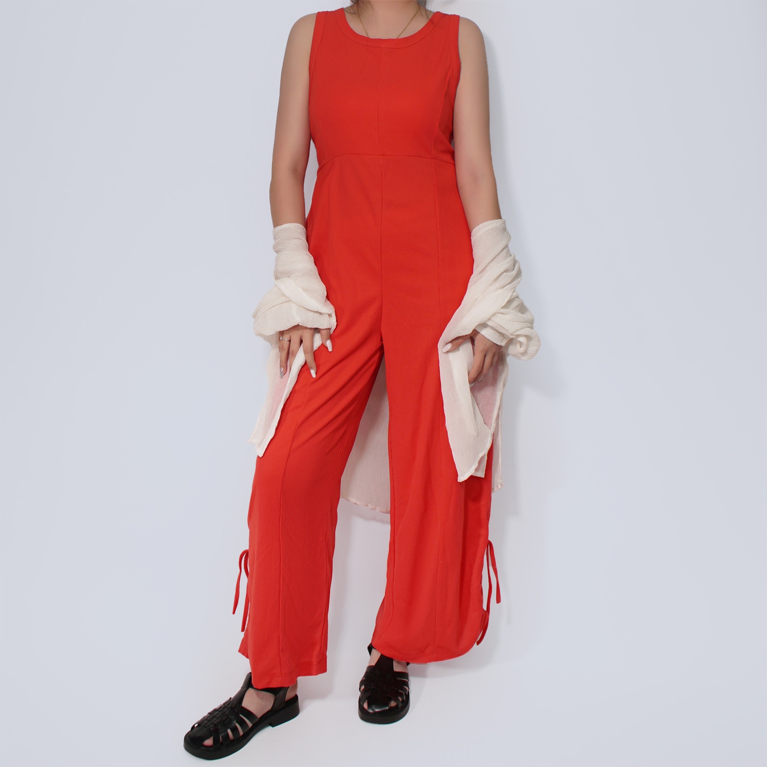 Pwest Women's Stretchy Elastane trim Back zip Lace-up Wide Leg Jumpsuit