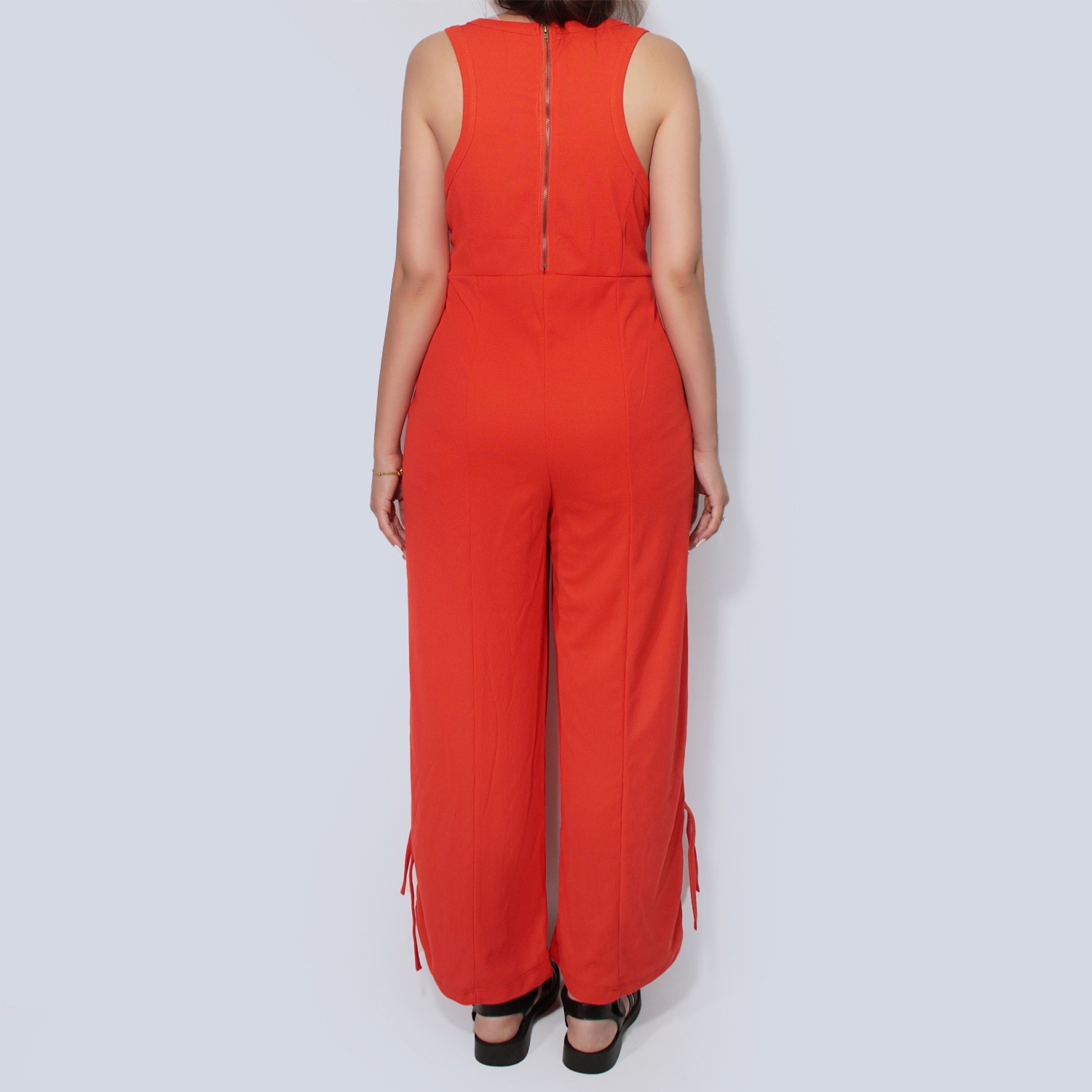 Pwest Women's Stretchy Elastane trim Back zip Lace-up Wide Leg Jumpsuit