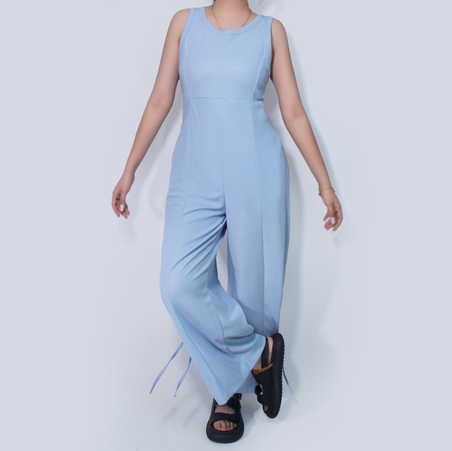 Pwest Women's Stretchy Elastane trim Back zip Lace-up Wide Leg Jumpsuit