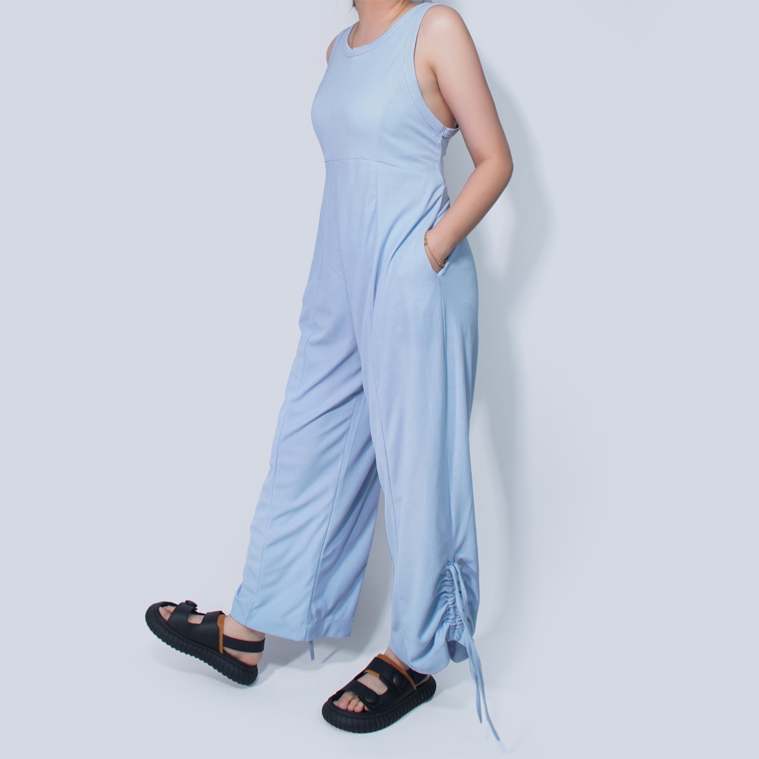 Pwest Women's Stretchy Elastane trim Back zip Lace-up Wide Leg Jumpsuit