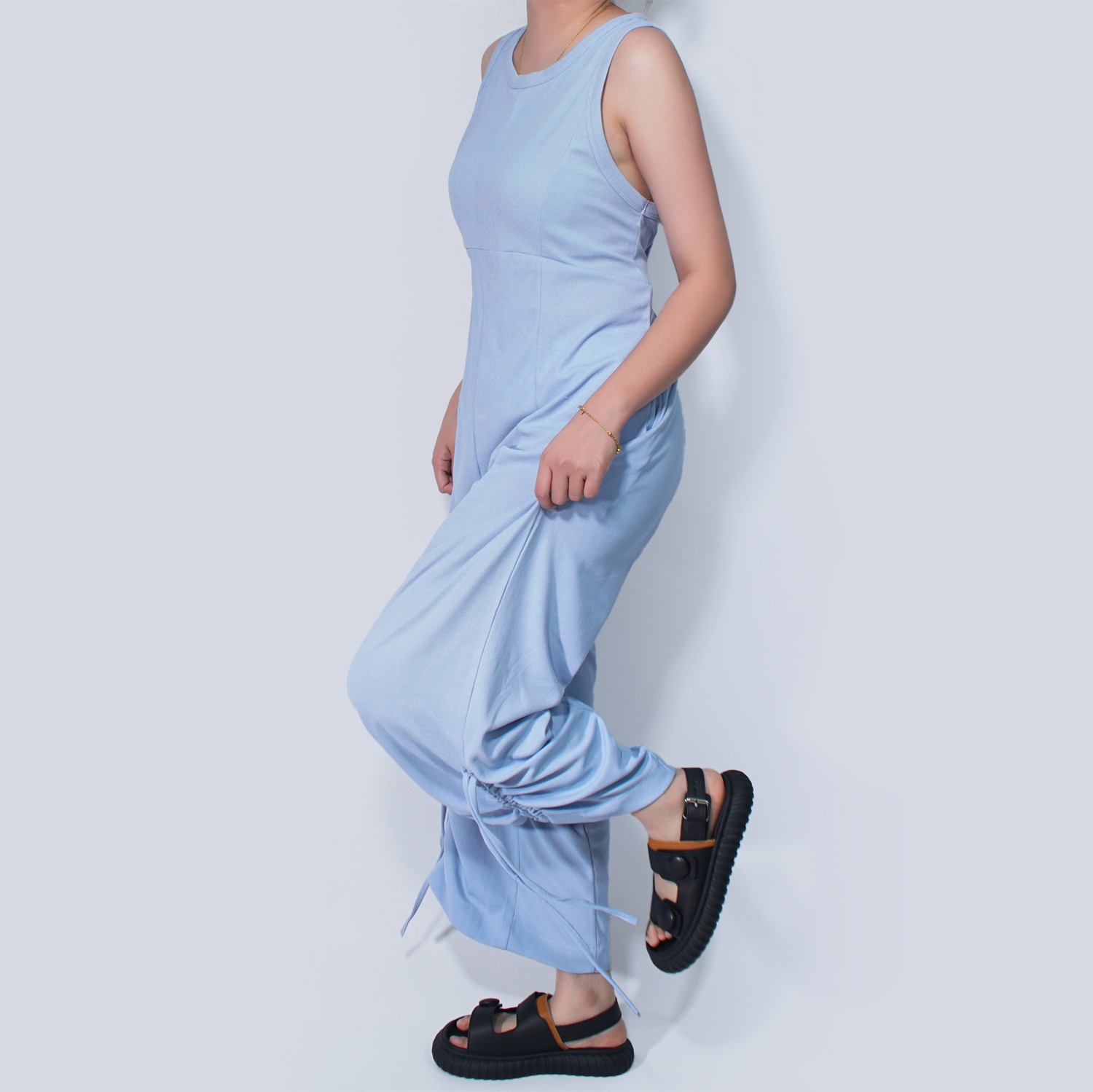 Pwest Women's Stretchy Elastane trim Back zip Lace-up Wide Leg Jumpsuit