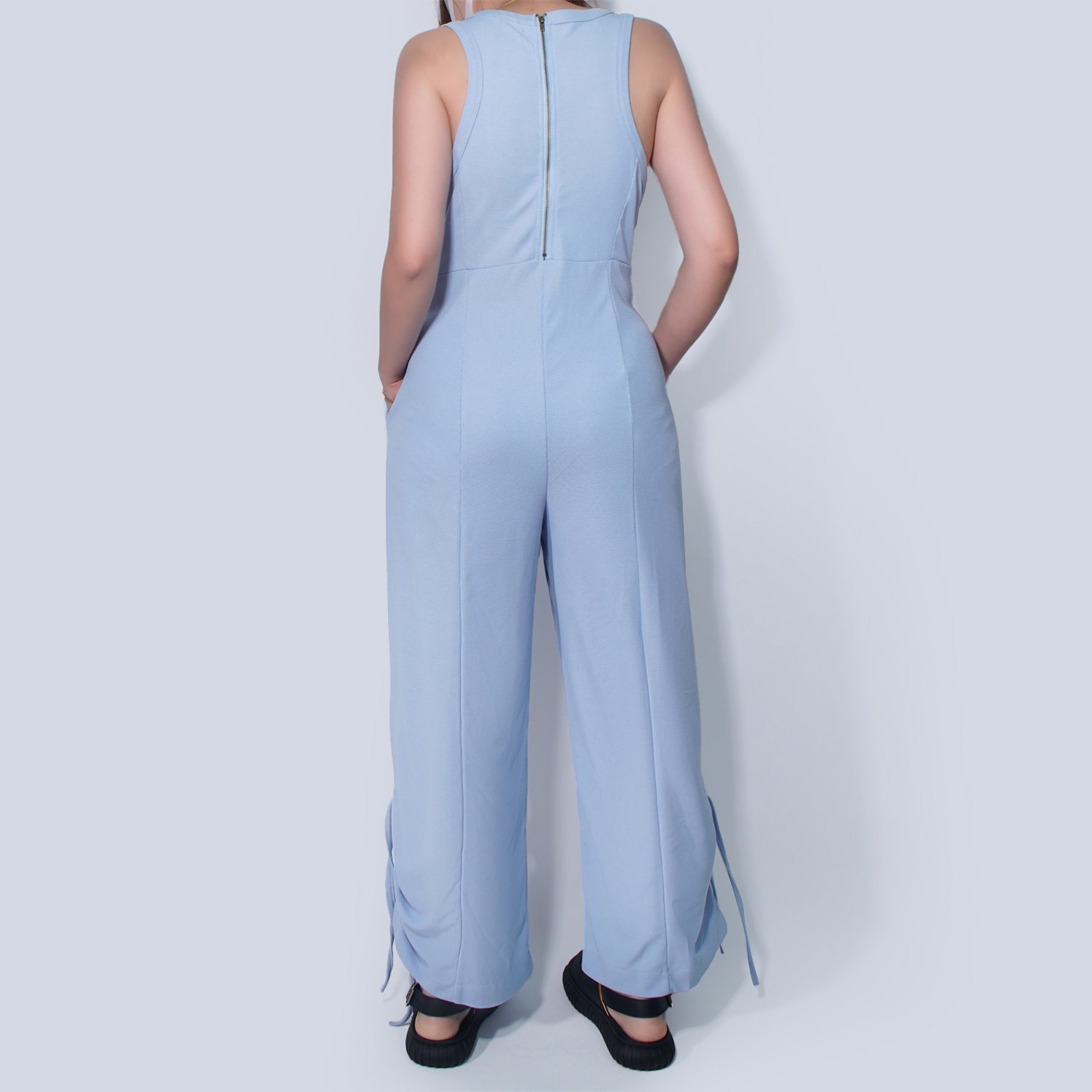 Pwest Women's Stretchy Elastane trim Back zip Lace-up Wide Leg Jumpsuit