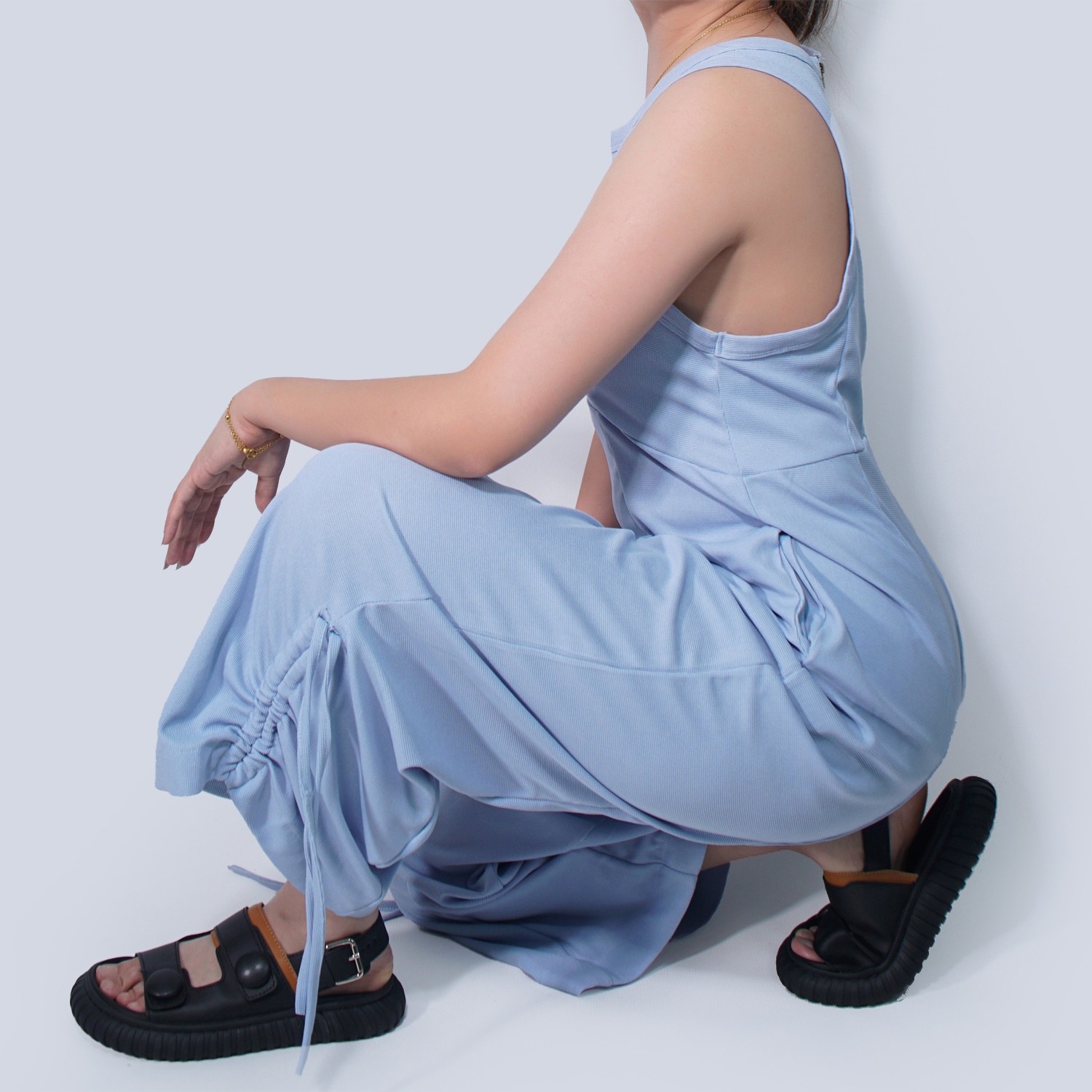 Pwest Women's Stretchy Elastane trim Back zip Lace-up Wide Leg Jumpsuit