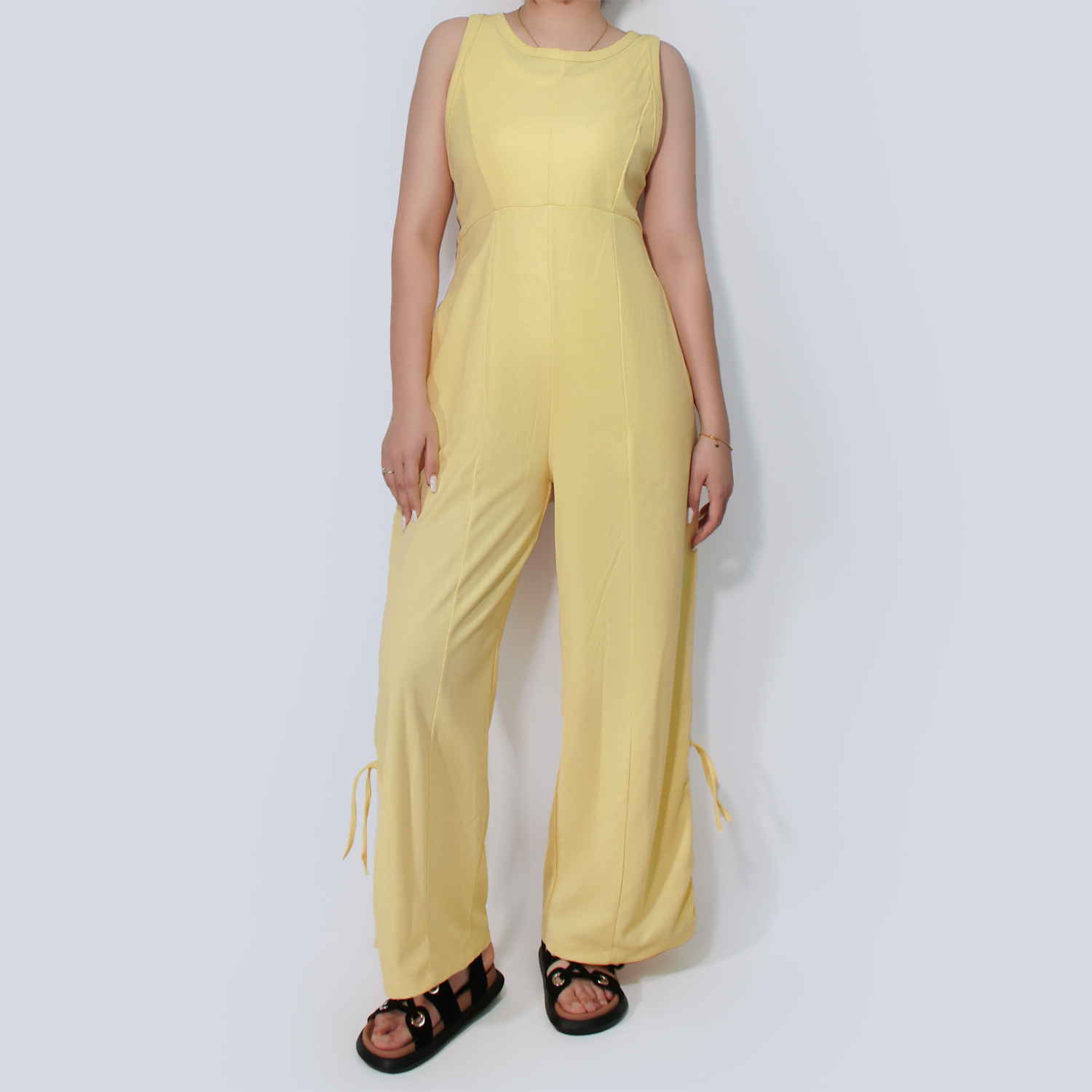 Pwest Women's Stretchy Elastane trim Back zip Lace-up Wide Leg Jumpsuit