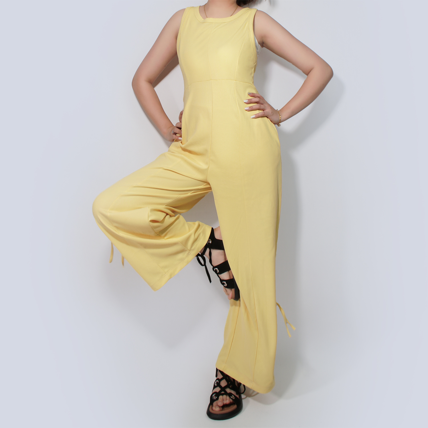 Pwest Women's Stretchy Elastane trim Back zip Lace-up Wide Leg Jumpsuit