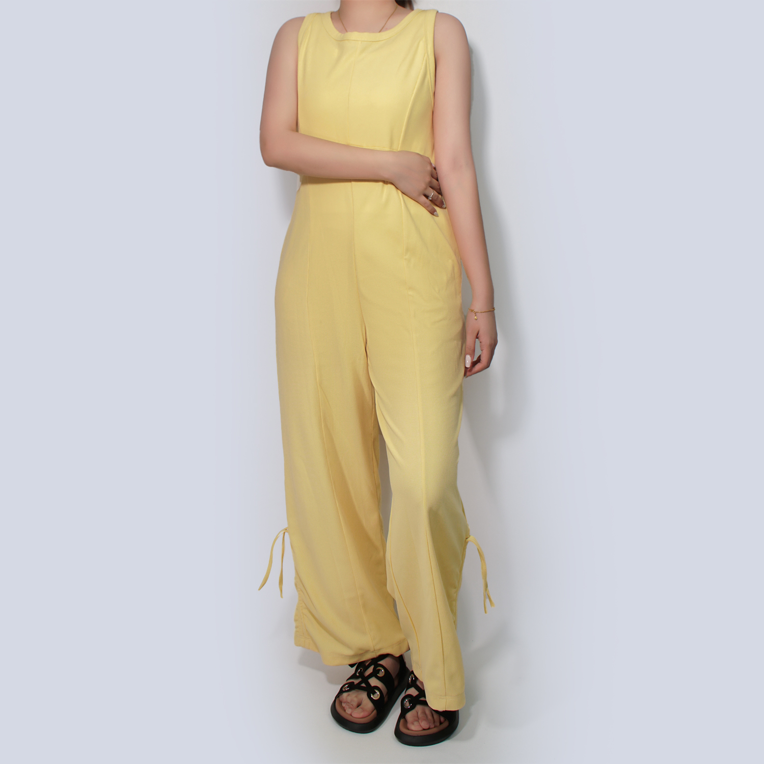 Pwest Women's Stretchy Elastane trim Back zip Lace-up Wide Leg Jumpsuit