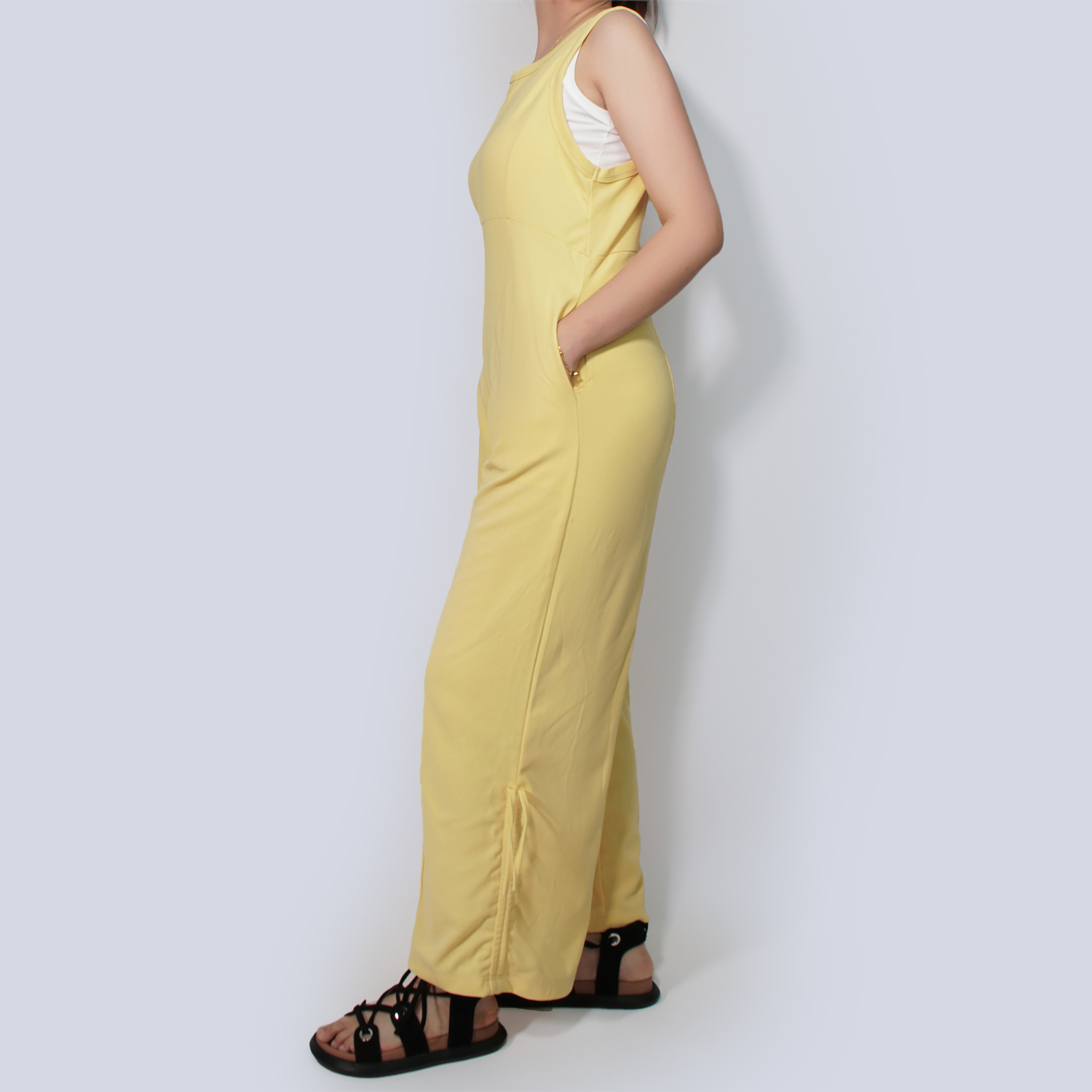 Pwest Women's Stretchy Elastane trim Back zip Lace-up Wide Leg Jumpsuit