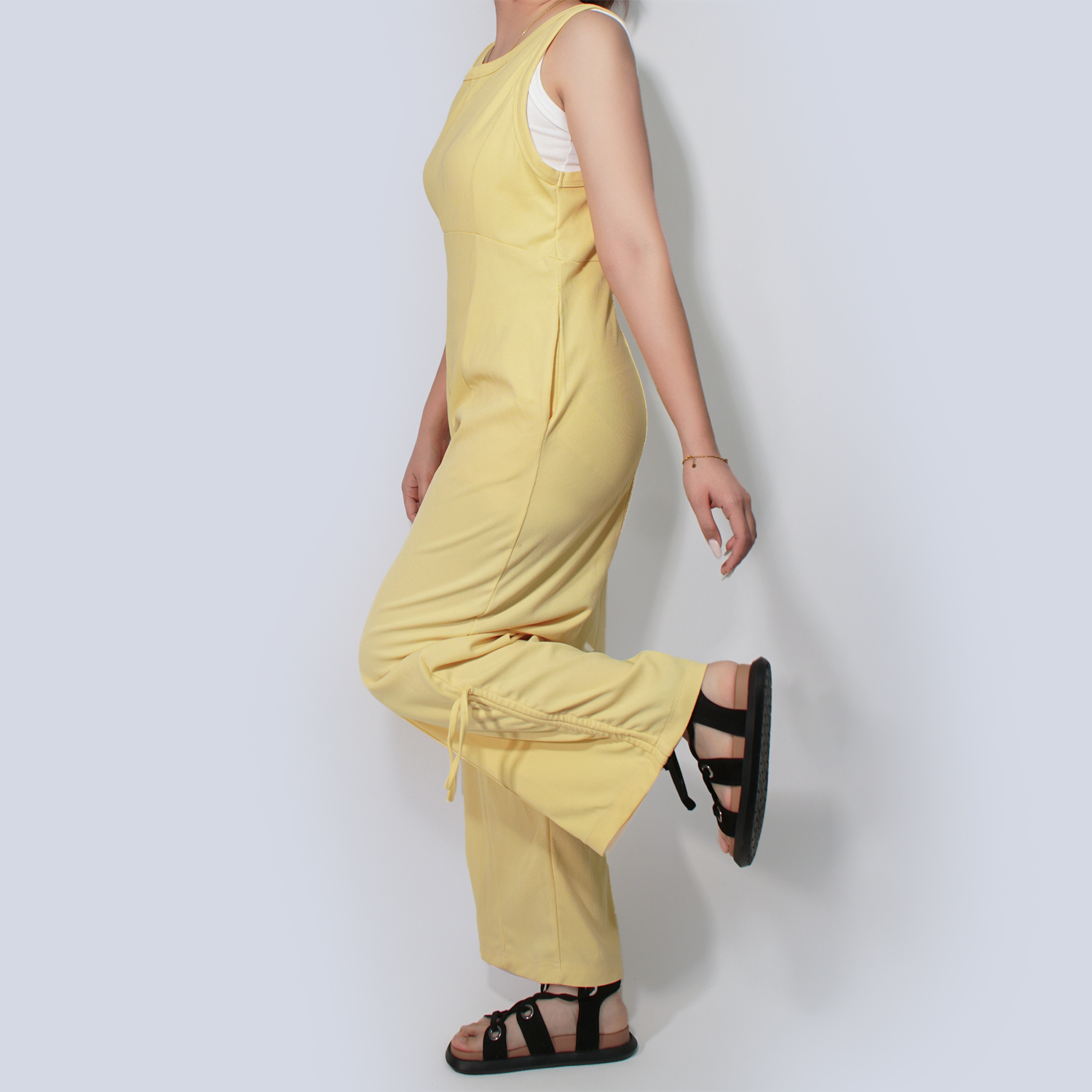 Pwest Women's Stretchy Elastane trim Back zip Lace-up Wide Leg Jumpsuit