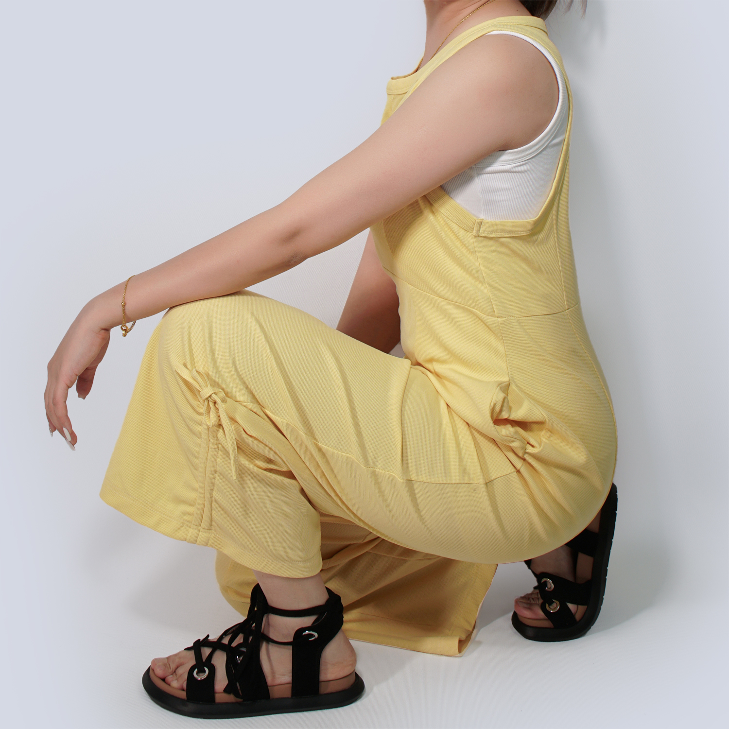 Pwest Women's Stretchy Elastane trim Back zip Lace-up Wide Leg Jumpsuit