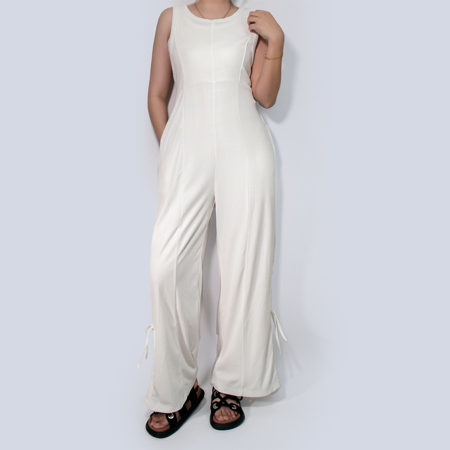 Pwest Women's Stretchy Elastane trim Back zip Lace-up Wide Leg Jumpsuit