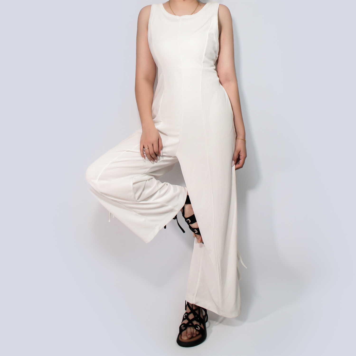 Pwest Women's Stretchy Elastane trim Back zip Lace-up Wide Leg Jumpsuit