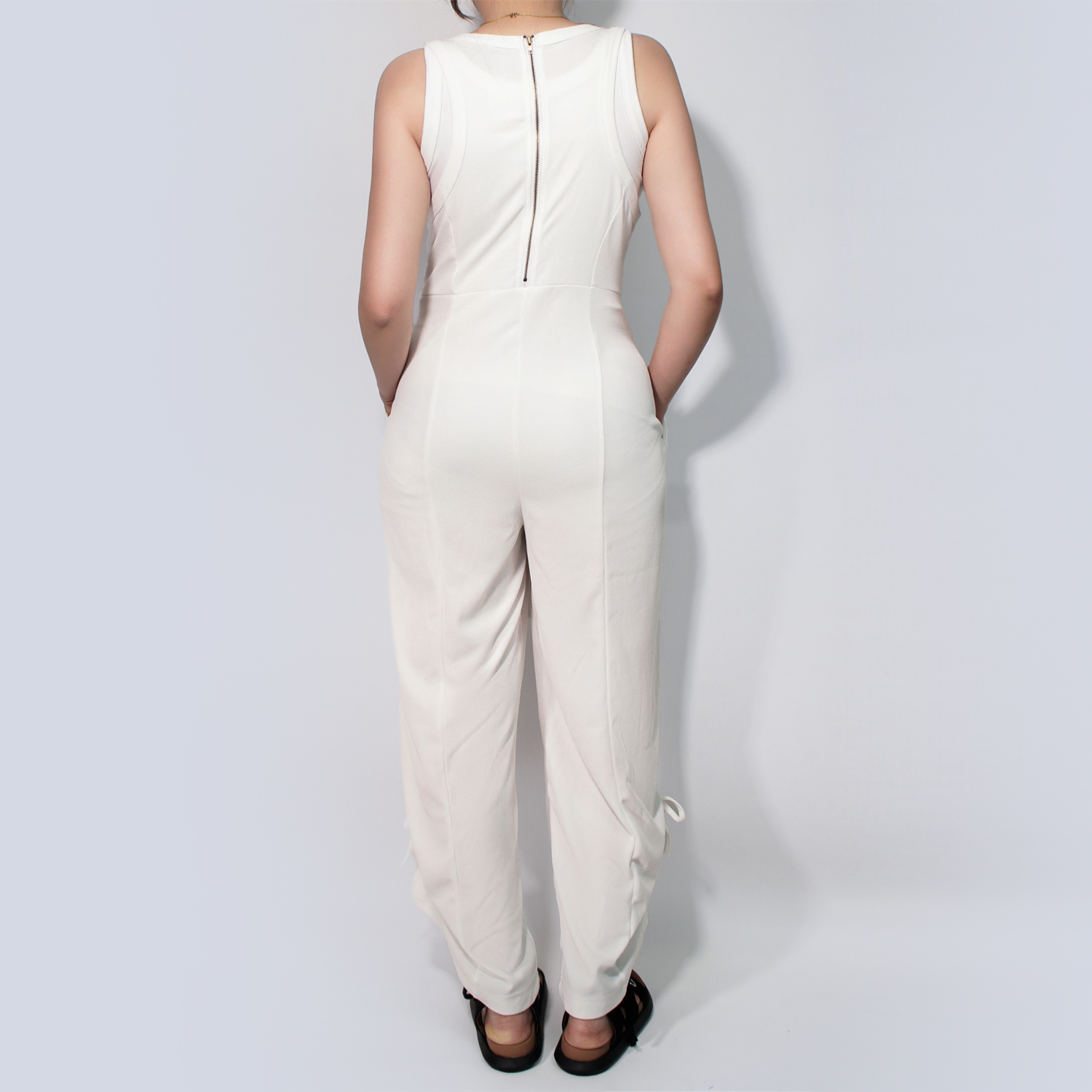 Pwest Women's Stretchy Elastane trim Back zip Lace-up Wide Leg Jumpsuit