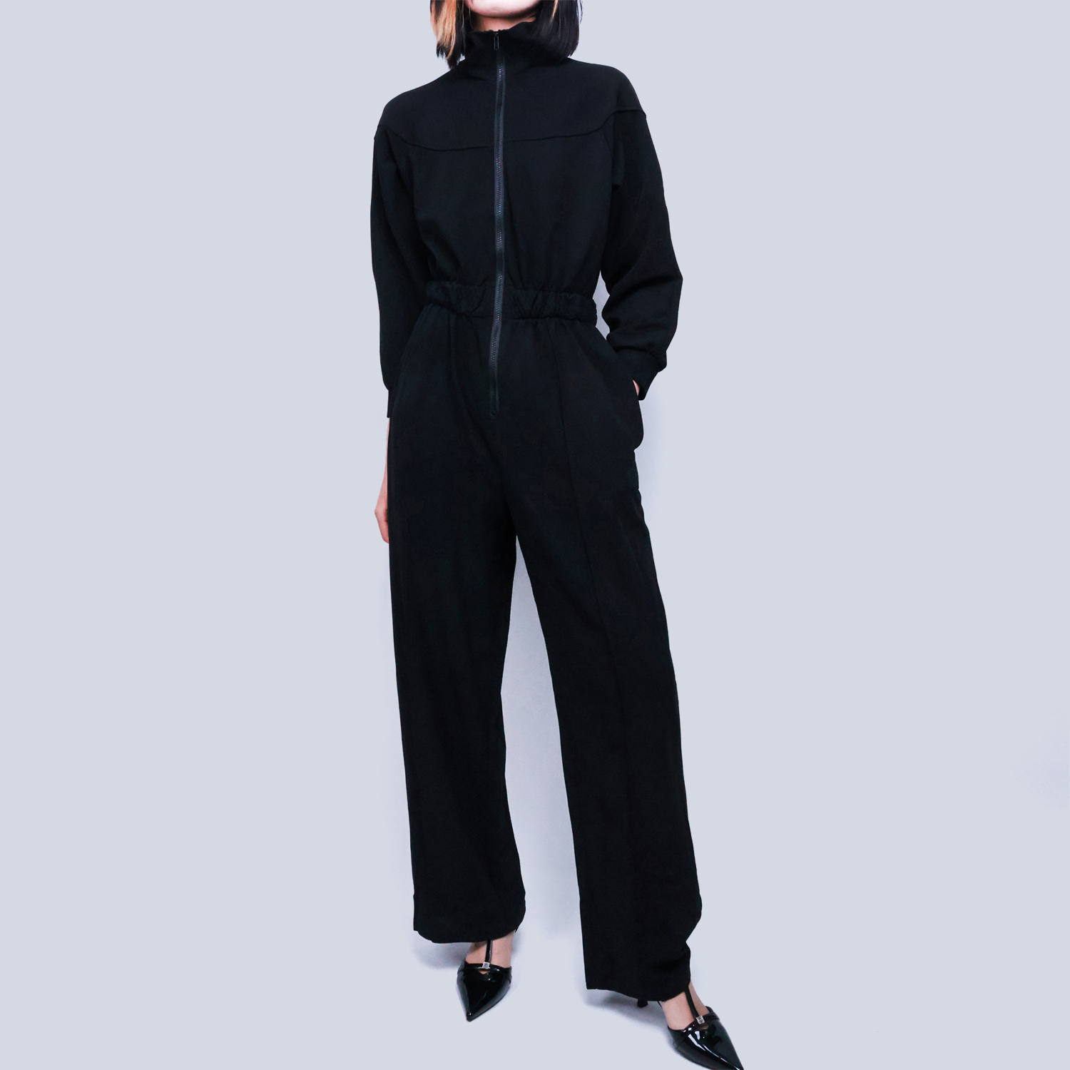 Pwest Women's Sportswear Stretch Zipper Knit Wide Leg Jumpsuit