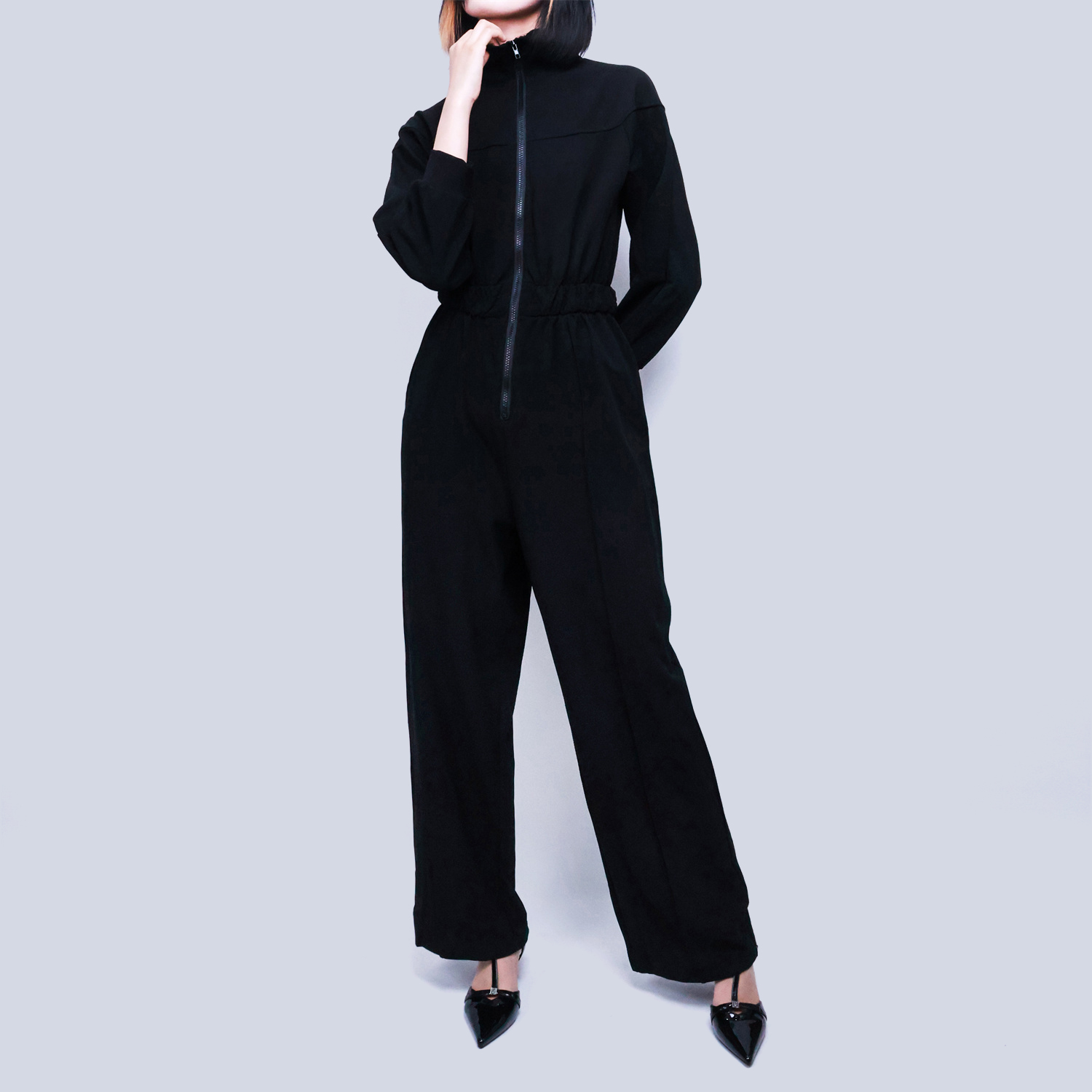 Pwest Women's Sportswear Stretch Zipper Knit Wide Leg Jumpsuit