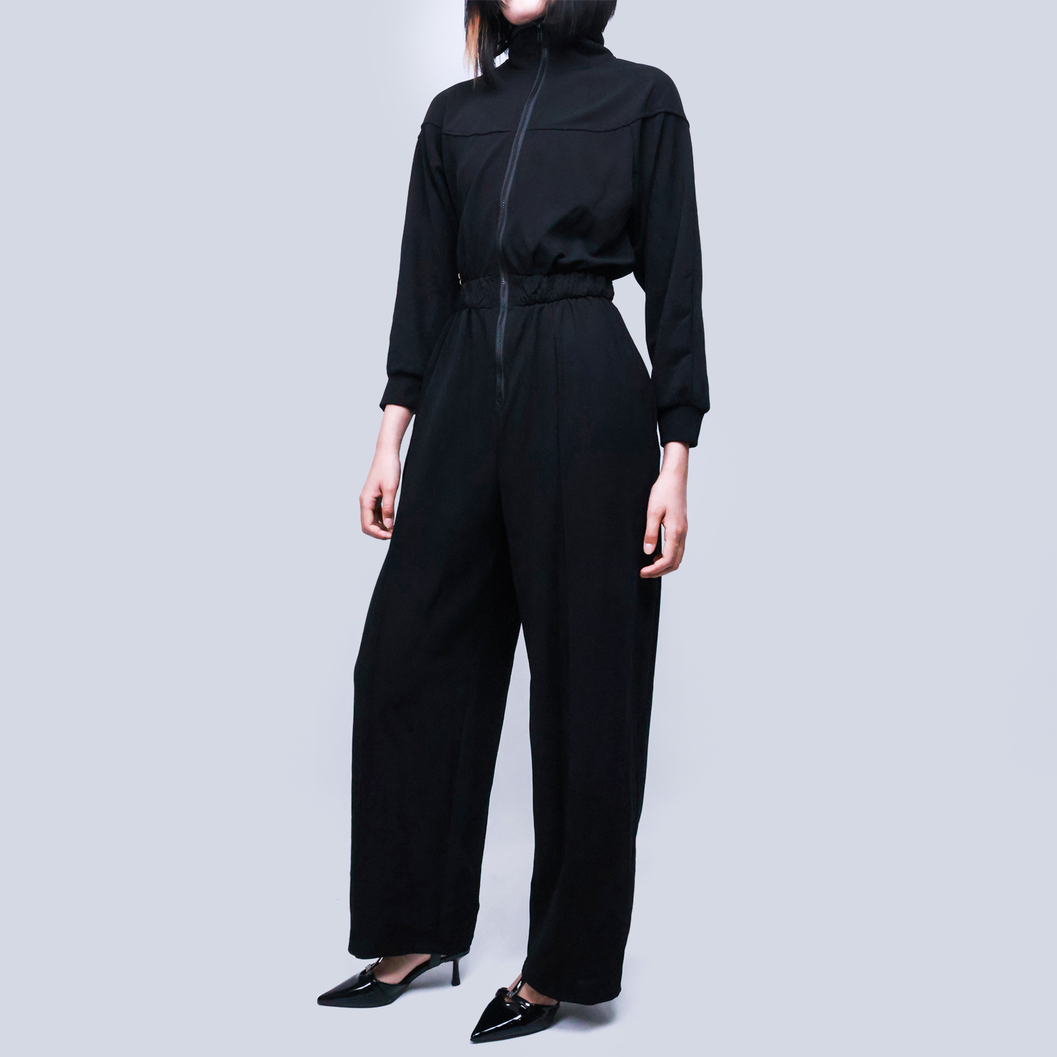 Pwest Women's Sportswear Stretch Zipper Knit Wide Leg Jumpsuit