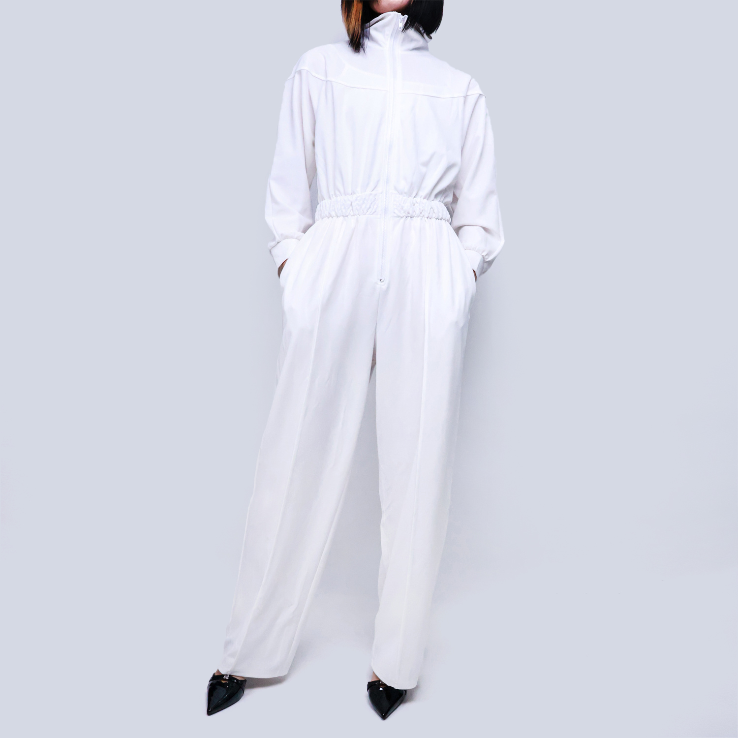 Pwest Women's Sportswear Stretch Zipper Knit Wide Leg Jumpsuit