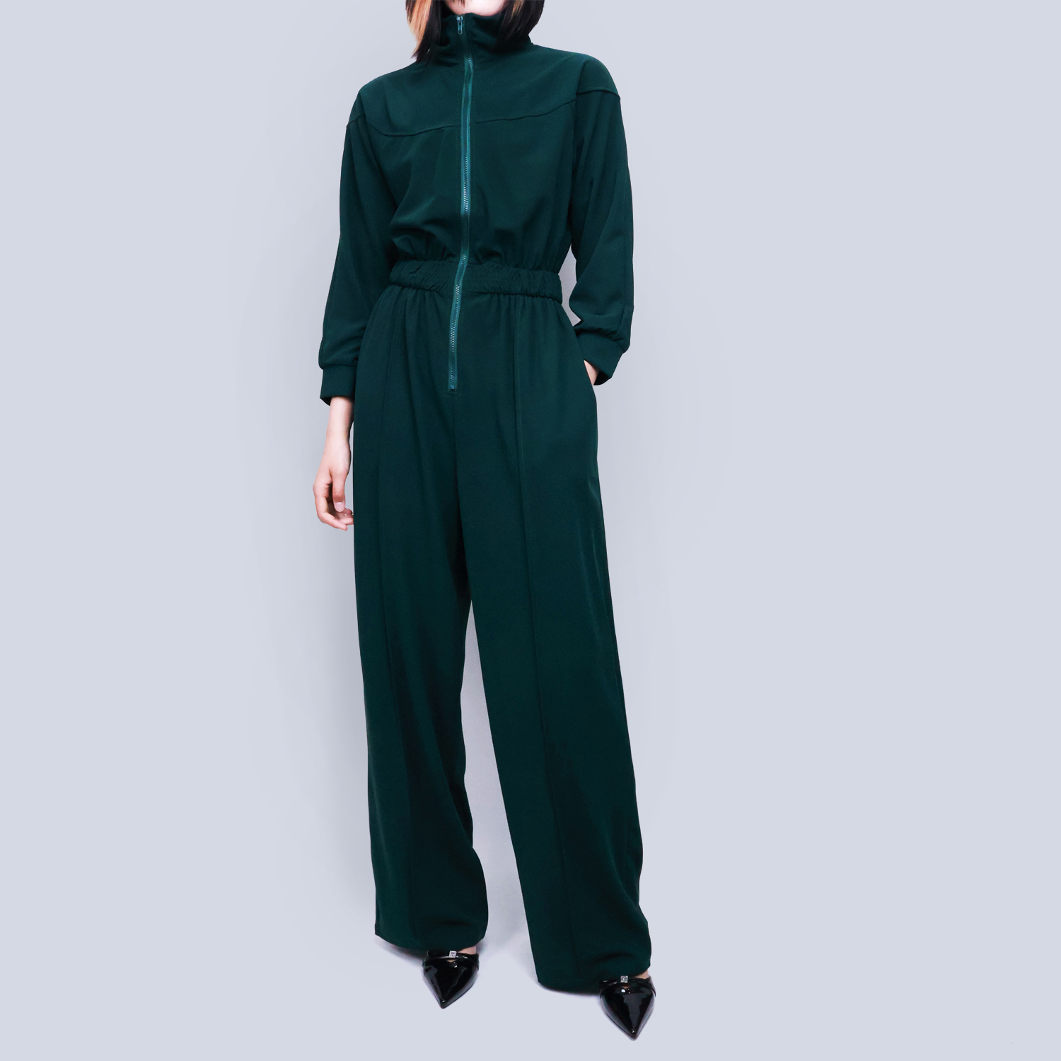 Pwest Women's Sportswear Stretch Zipper Knit Wide Leg Jumpsuit