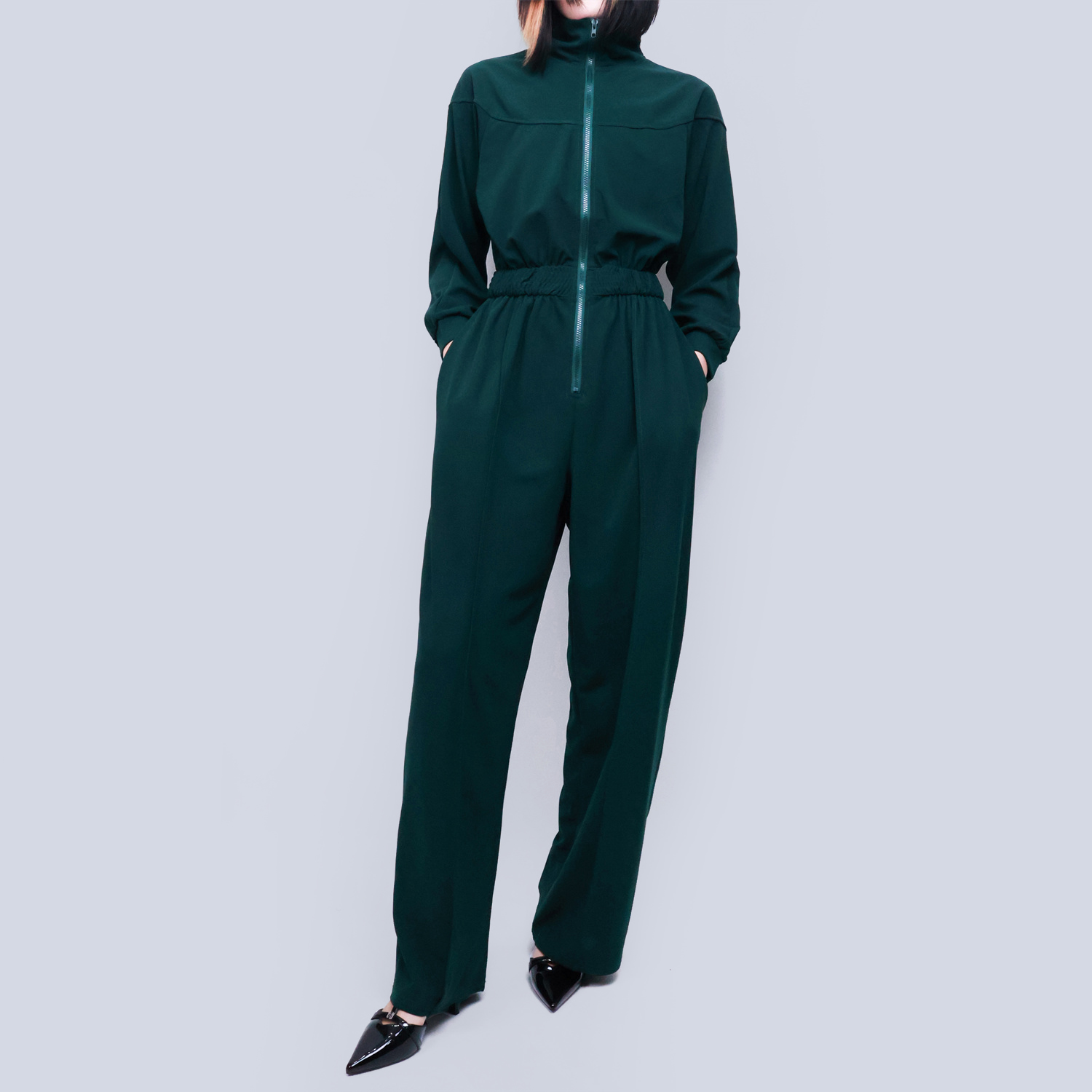 Pwest Women's Sportswear Stretch Zipper Knit Wide Leg Jumpsuit