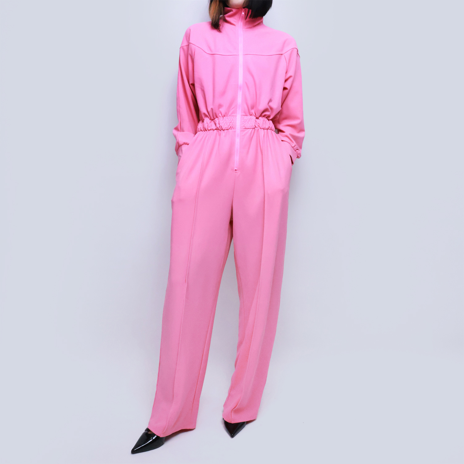 Pwest Women's Sportswear Stretch Zipper Knit Wide Leg Jumpsuit